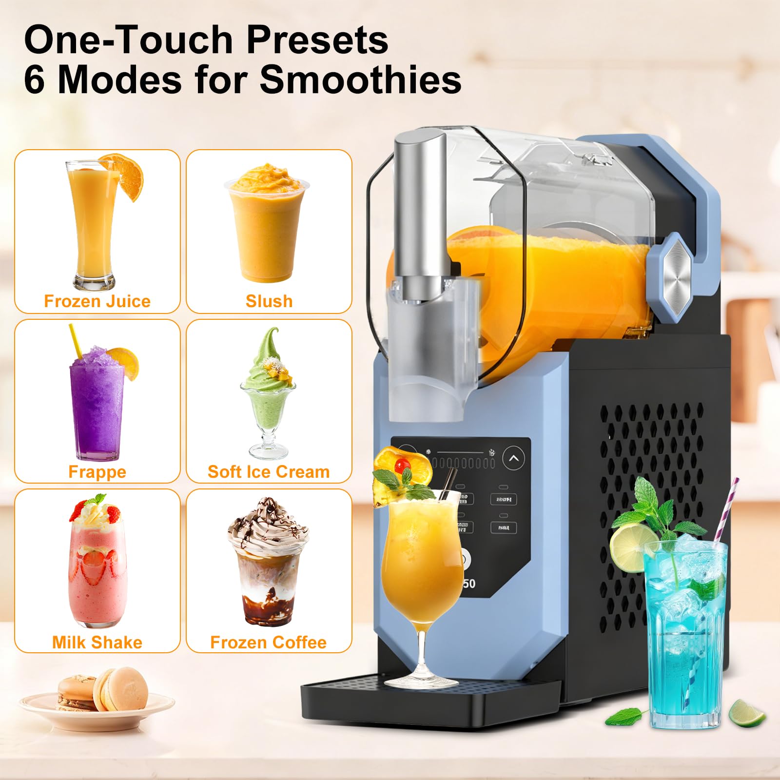Macchiatto Slush Maschine, 5-in-1 Eismaschine mit LED-Display, 6 Programme & Ein-Knopf-Bedienung für Slush, Cocktails, Milchshake, 2L Behälter,Turbo Freeze, kein Eis erforderlich,Für Home & Party