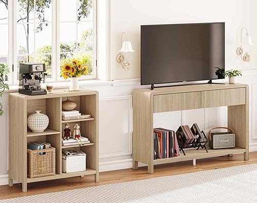 FATORRI Mesa consola con 2 cajones y estantería de 5 cubos para sala de estar (nogal claro)