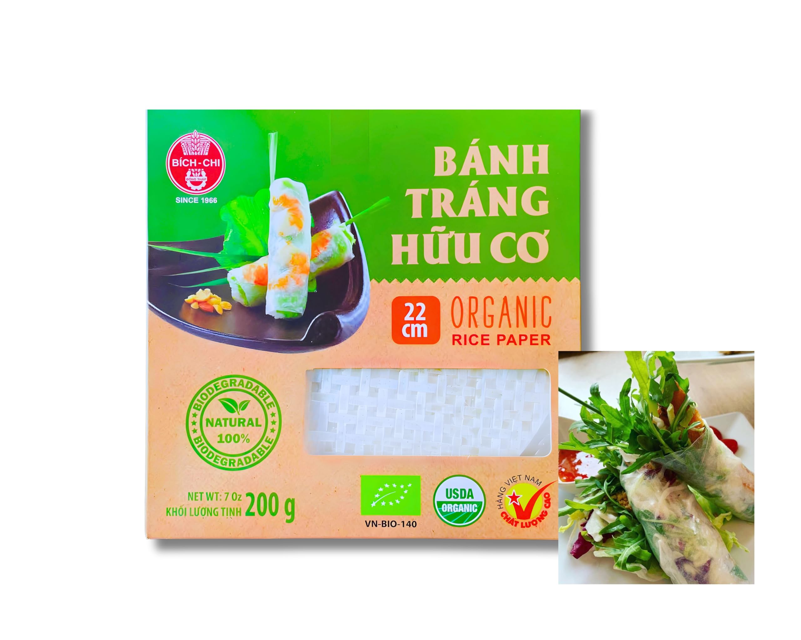 Organic Rice Paper Wrappers, Authentic Vietnamese Rice Paper Wrappers for Fresh Spring Rolls, Dumplings, Crispy Rice Paper Rolls (22cm, 7oz) | USDA Organic, Non-GMO, Gluten-Free, Vegan, Halal