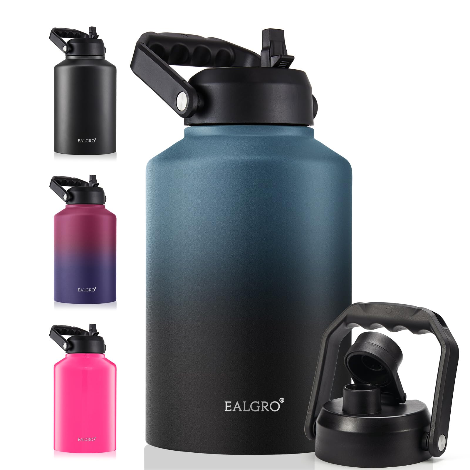 EALGRO Gallon Insulated Water Bottle Jug with Straw, 128 oz Large Stainless Steel Sports Metal Water Canteen With Handle, Thermal Water Cup Mug with 2 Lids, Indigo Black