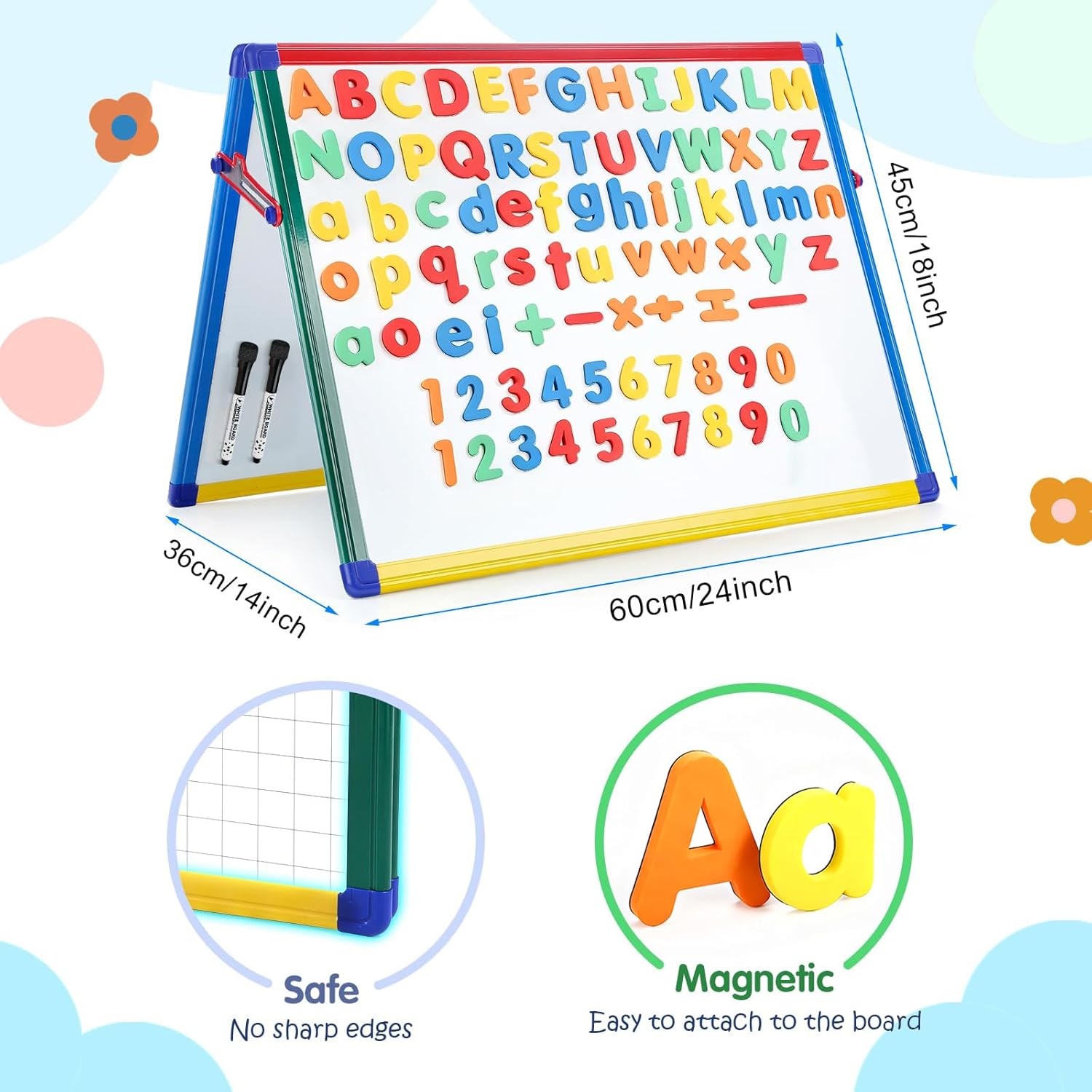 SWANCROWN Magnetic Board for Kids - Tabletop White Board for Children- 24x18 Inch Double Sided Foldable Dry Erase Board Standing with 82Pcs Alphabet Magnets Whiteboard Letters