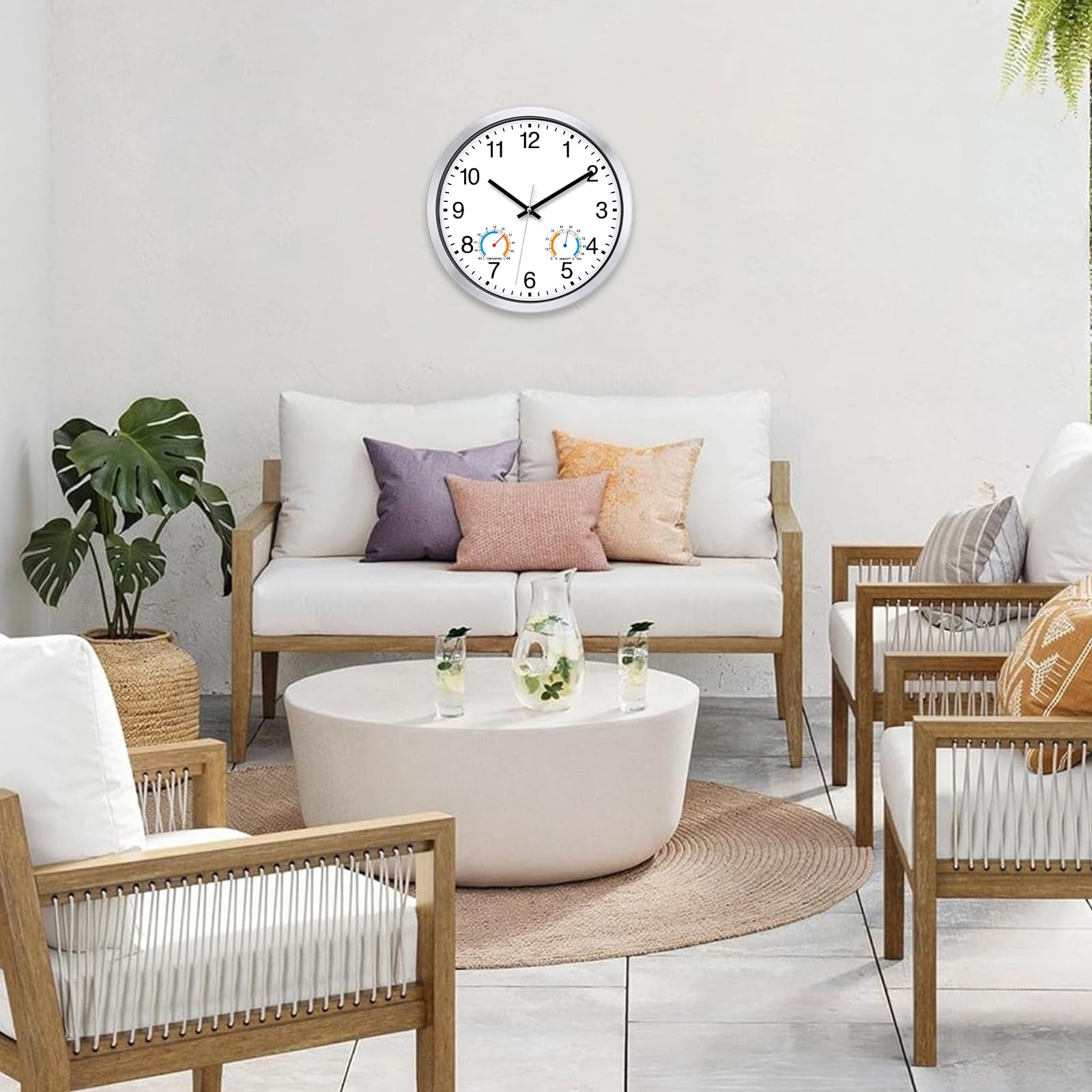 Horloge murale d'extérieur de 30 cm résistante aux intempéries avec thermomètre et hygrom, horloge de jardin silencieuse, à quartz, fonctionne à piles, grande horloge pour jardin, salle de bain