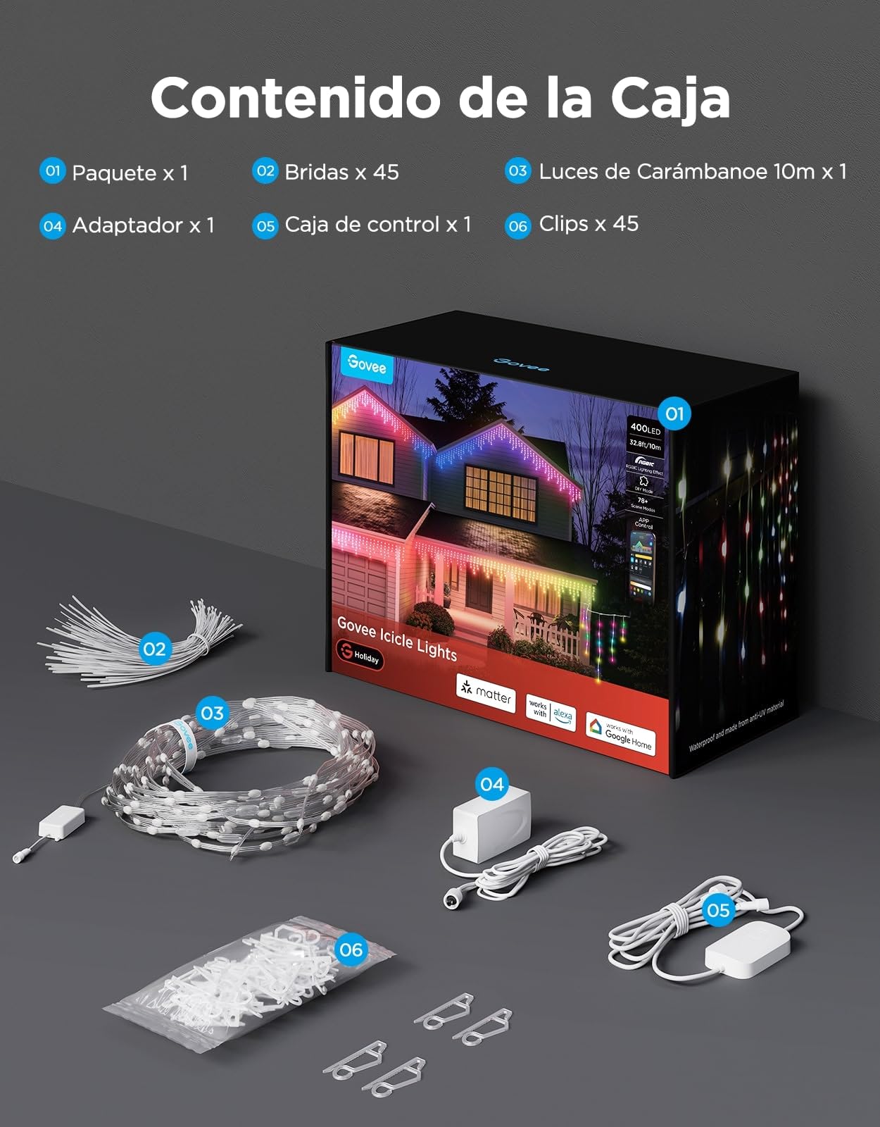 Govee Luces de Carámbano Navidad, 400 LEDs RGBIC Luces Exterior 10M | Guirnalda Luces Inteligentes, 78+ Modos para Decoración de Hogar, IP67 Impermeable, Compatibles con Alexa y Google Assistant