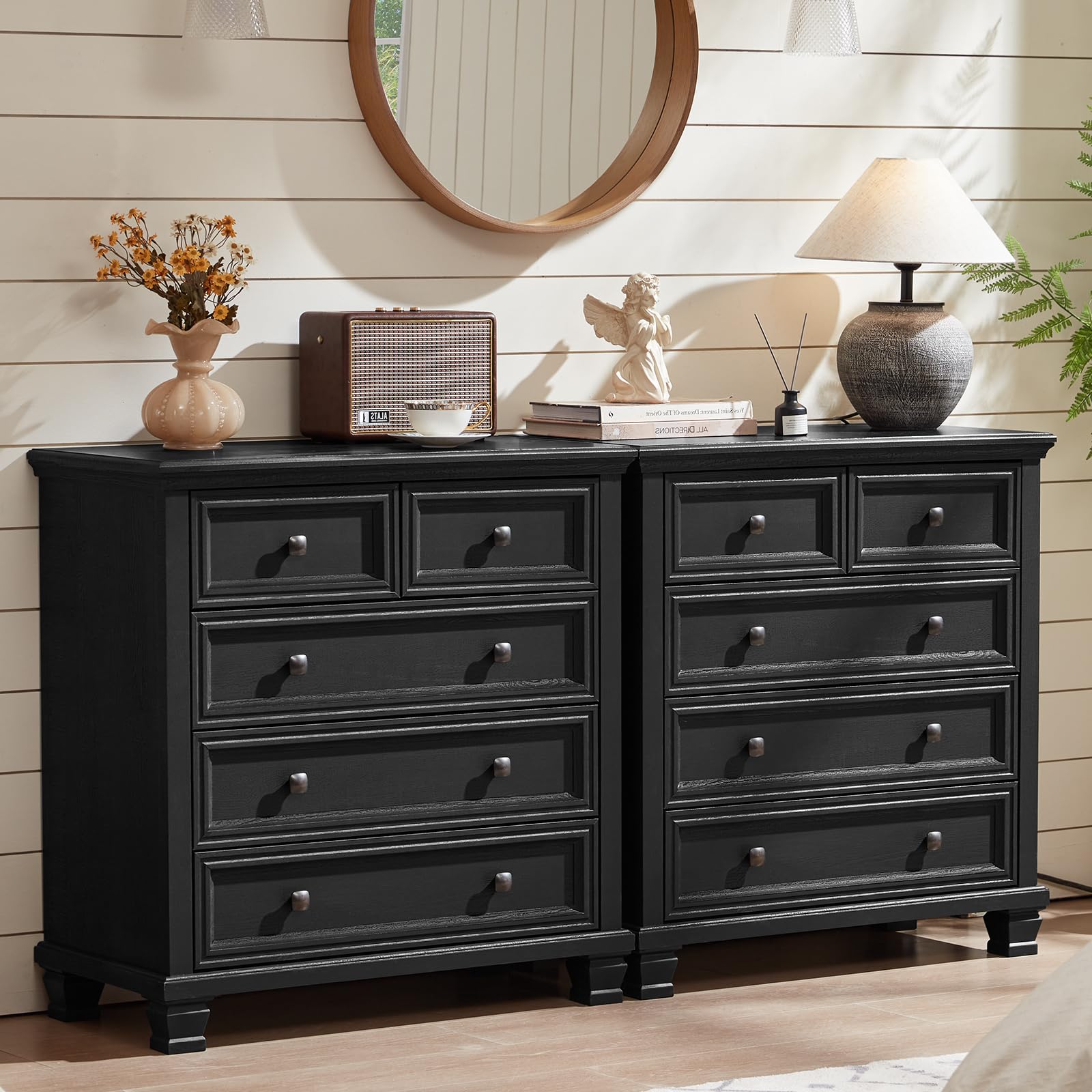 SAVOR LIFE Farmhouse 5 Drawer Dresser Set of 2, 32.6 Inch Tall Modern Chest of Drawers for Bedroom, Rustic Small Dressers w/Square Solid Wood Legs,
