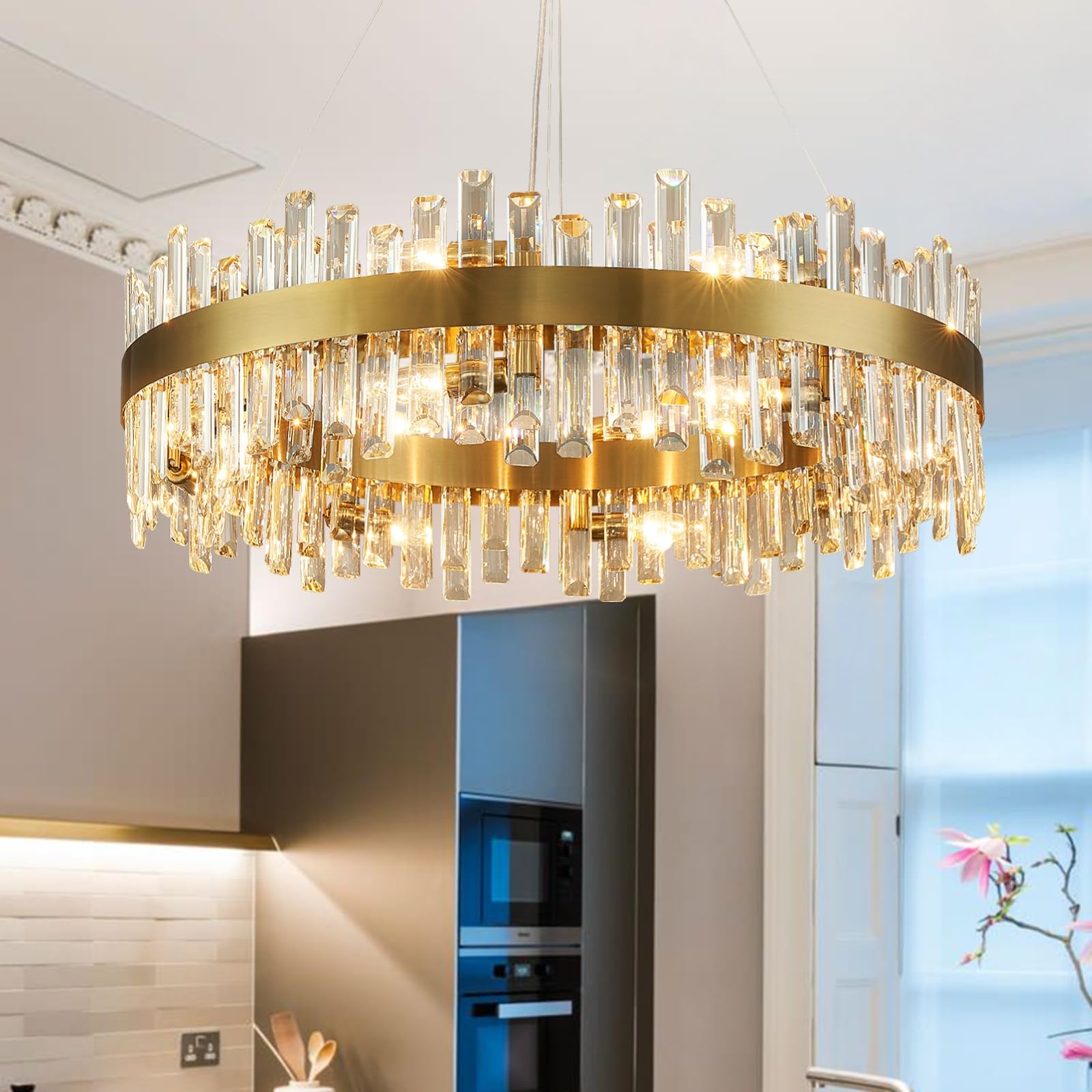 Siljoy Modern Crystal Chandelier 16-Light Large Luxury Gold 2-Tiers Raindrop Chandelier Flush Mount Crystal Pendant Ceiling Light Fixture for Living Room Dining Room Entryway Foyer D31.5''