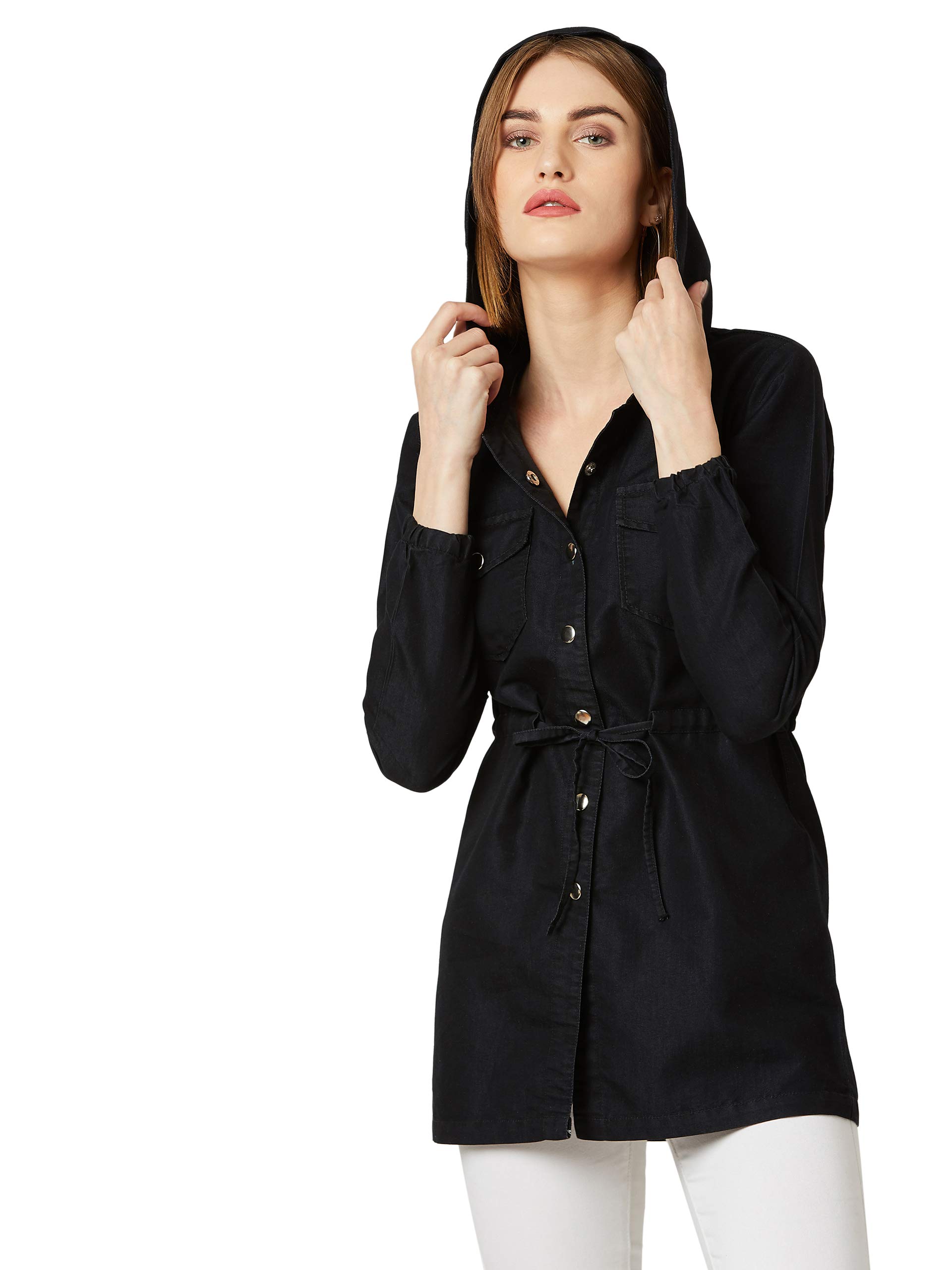 miss chase Women's Black Hooded Full Sleeves Solid Tie-Up Detailing Long Denim Jacket-picture-32
