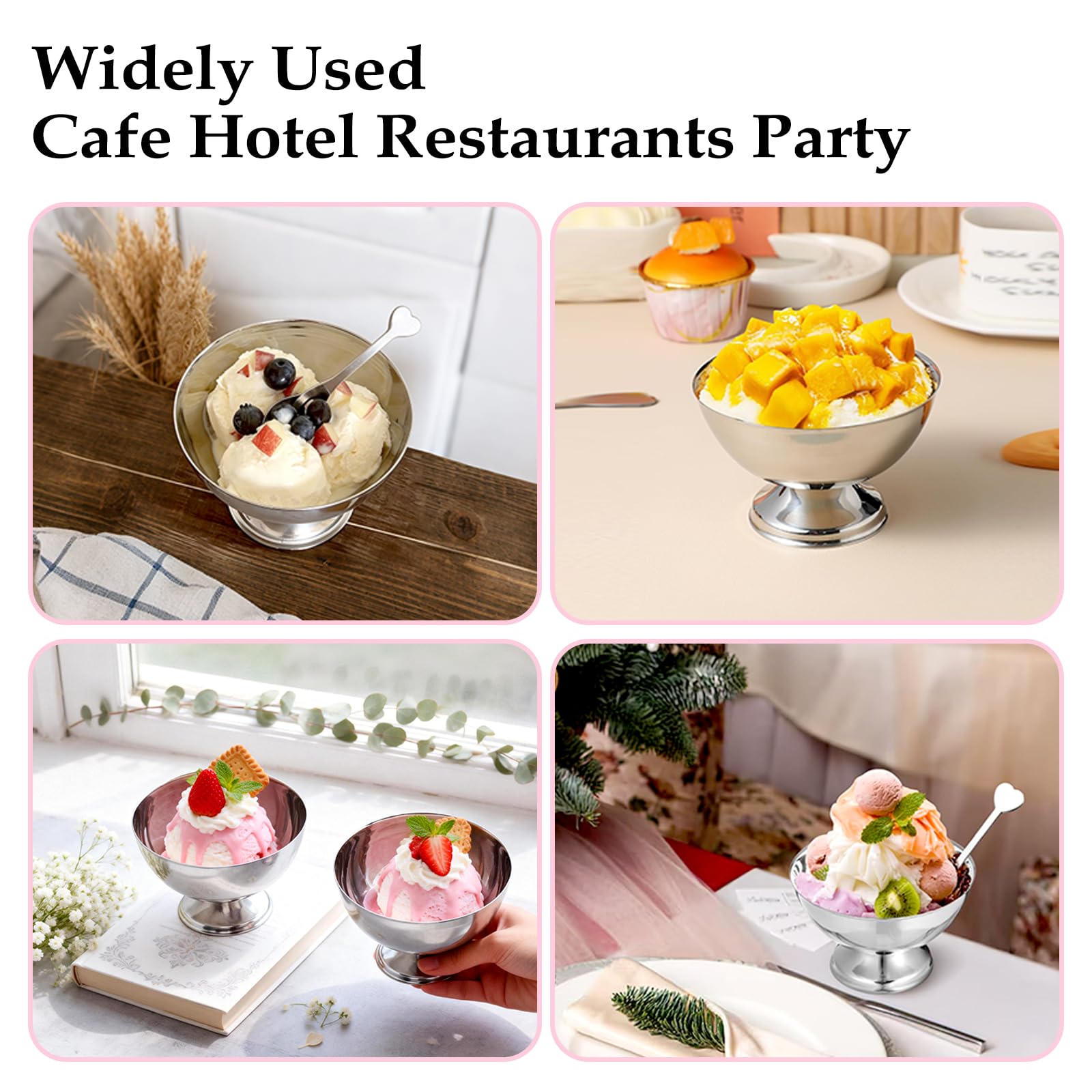 Buachois 8 Juegos Vaso de Helado de Acero Inoxidable Copa de Helado Cuencos Tazas de Postre Yogur con Patas Redondas Plateado Tazas Pudín Reutilizable con Tenedor para Postre Sundae Frutas Pie Postres