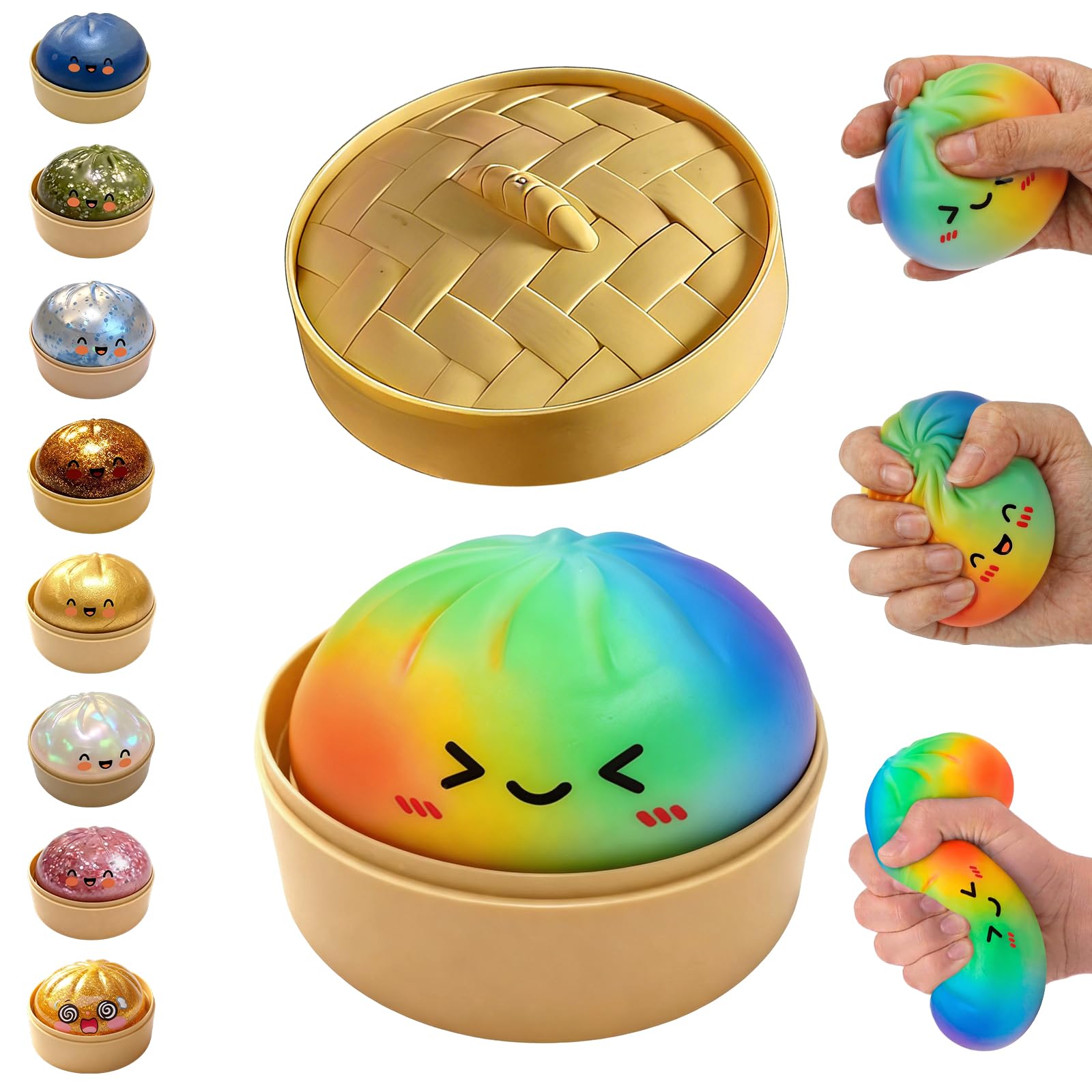 Glitter Dumpling Squishy,Dumpling Squishies,Glitter Dumpling Mystery Box,Colorful Dumpling Stress Balls Fidget,Jumbo Squishy Toy with Steamer Box,Soft Squeeze Decompression Dough (Glitter White) — view 14