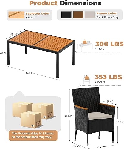 Miniatura 6 de Flamaker Juego de comedor de 7 piezas para patio, mesa y sillas de madera de acacia al aire libre con cojines suaves, muebles de patio de mimbre
