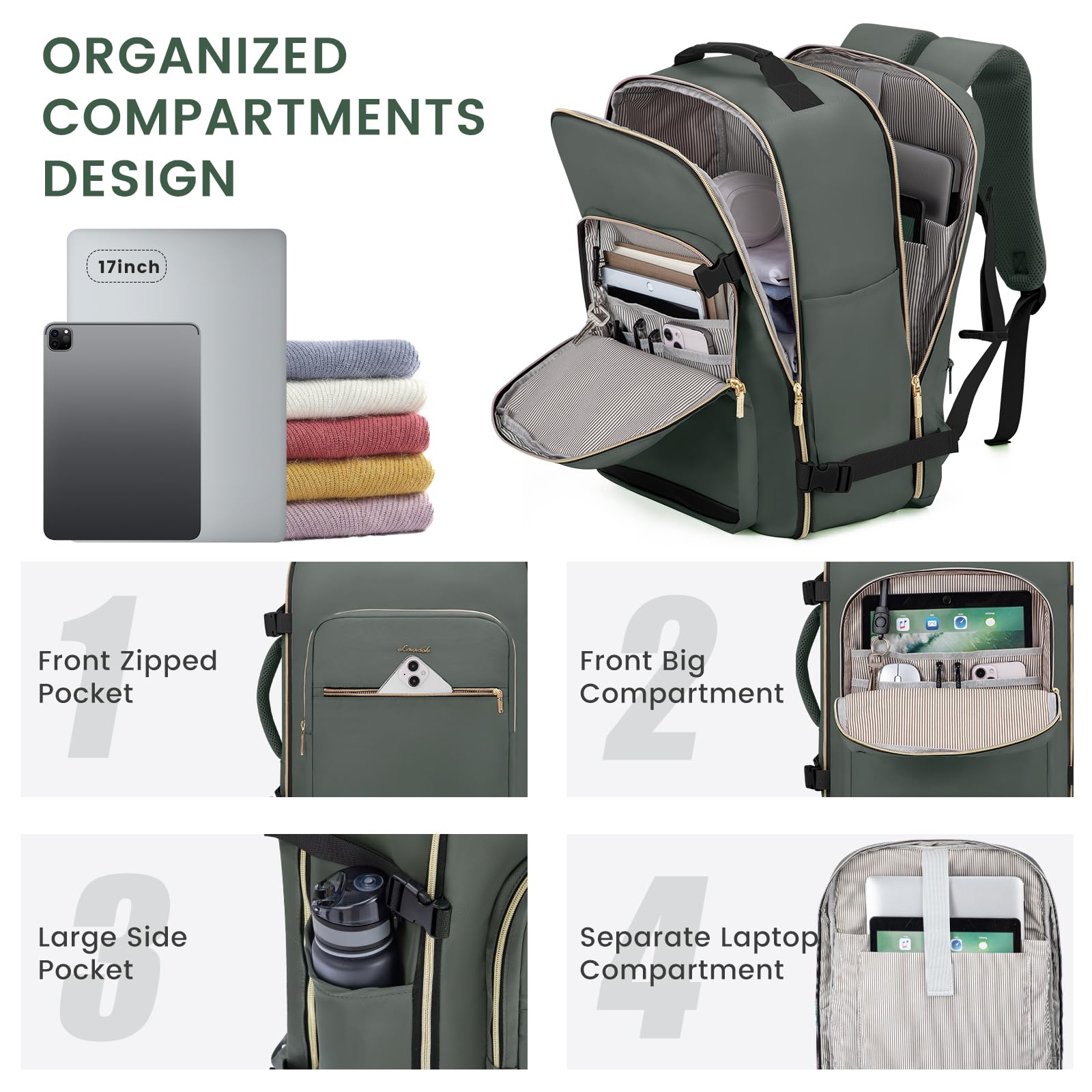 LOVEVOOK Zaino da Viaggio Aereo Bagaglio a Mano, Impermeabile Zaini Trolley Bagaglio Donna 40L Cabin Max per Ryanair Easyjet, Grande Zaino Porta PC 17 Pollici Valigia Borsa a Zainetto