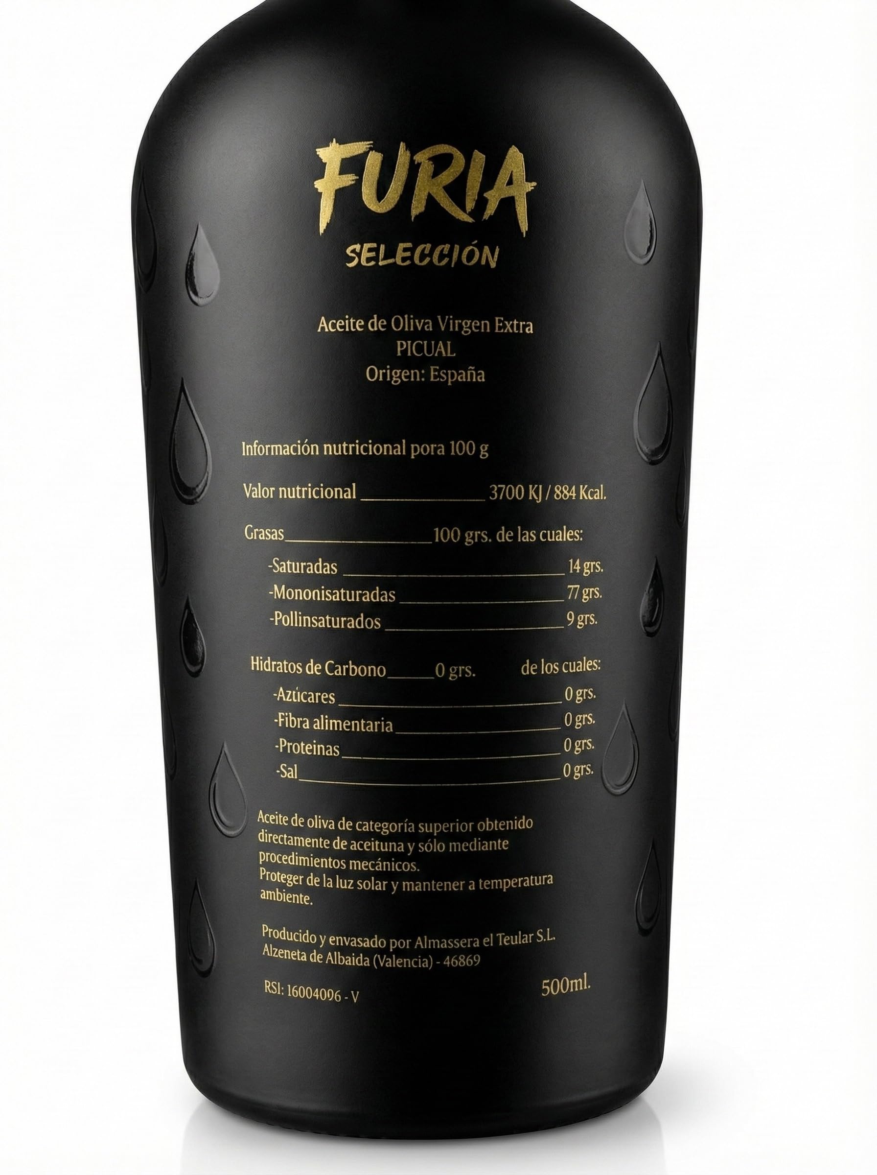 FURIA Selección Aceite de Oliva Virgen Extra Picual 500ml | AOVE 100% Picual Español Cosecha Propia | Extracción en Frío Sin Filtrar | Sabor Intenso Gourmet