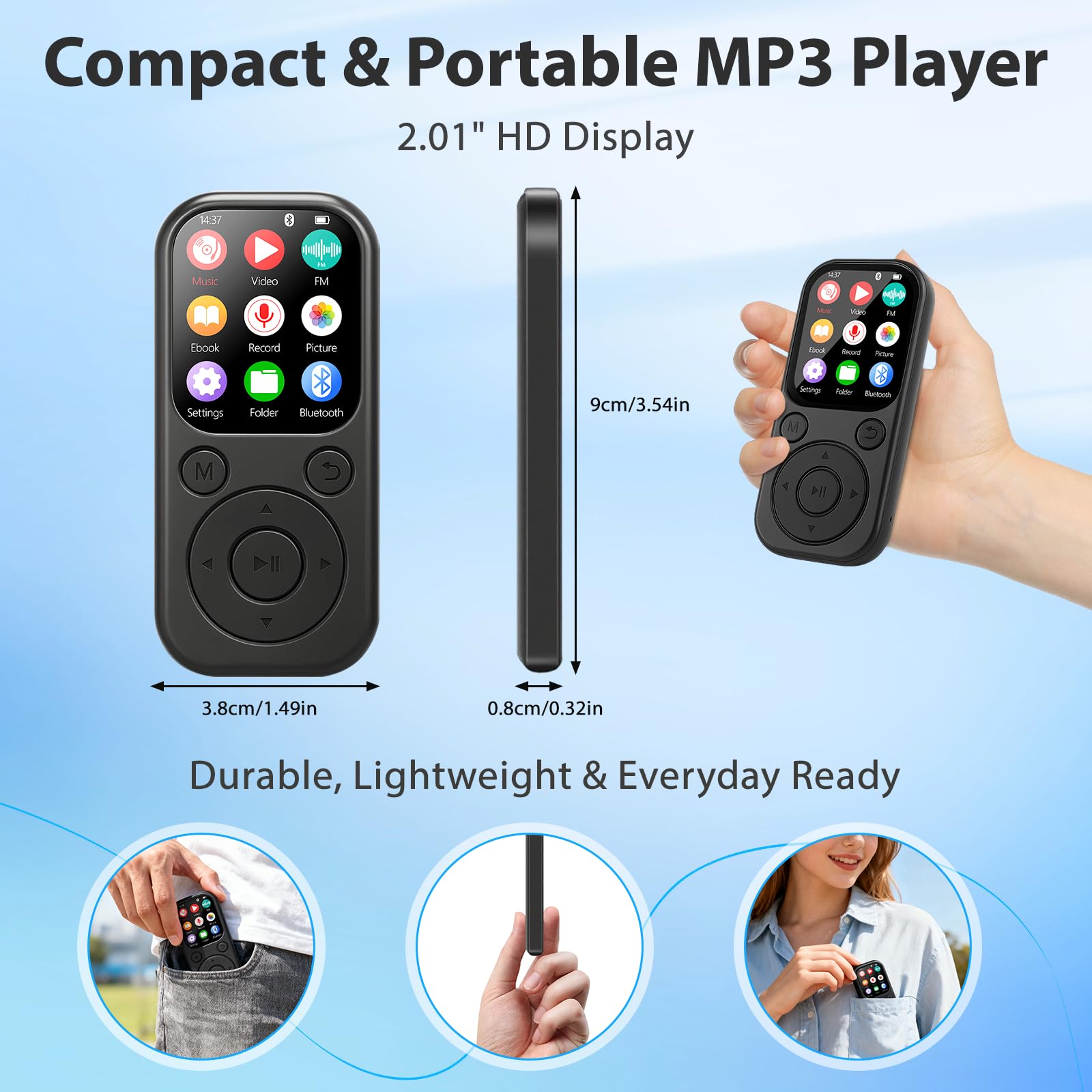 MP3 Player mit Bluetooth 5.3, Tragbarer Musikplayer mit 64GB Speicherkarte, FM Radio, Sprachaufnahme, HiFi Sound, MP3 & MP4 Player, Kinder MP3 Player, Kopfhörer inklusive, Unterstützt bis zu 128GB