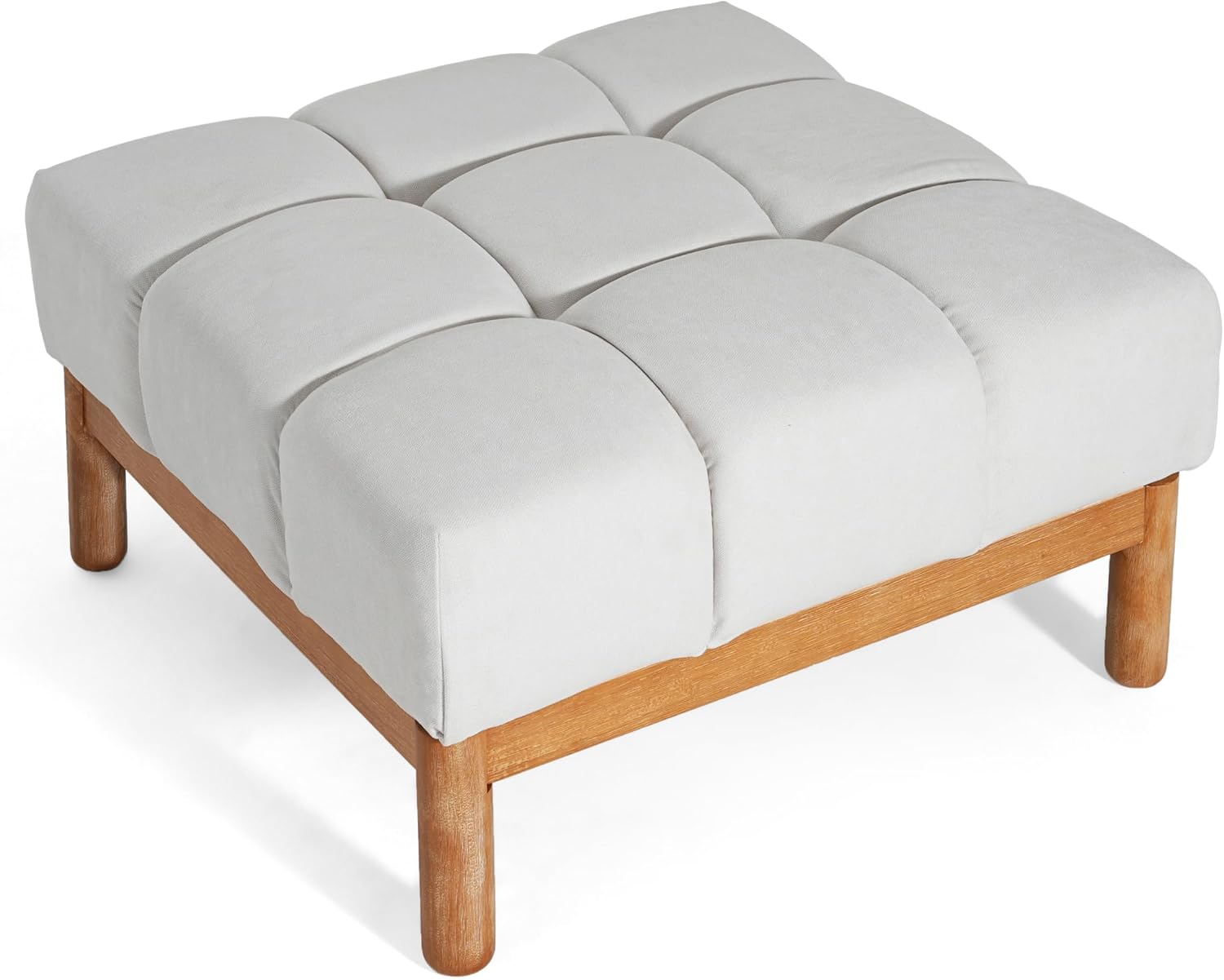Christopher Knight Home Annette Square Ottoman Footstool with Grid Tufting, Living Room Sofa Ottoman with Wood Frame, Fabric Upholstery Coffee Table, Comfy Seating with Dense Foam Padding, White