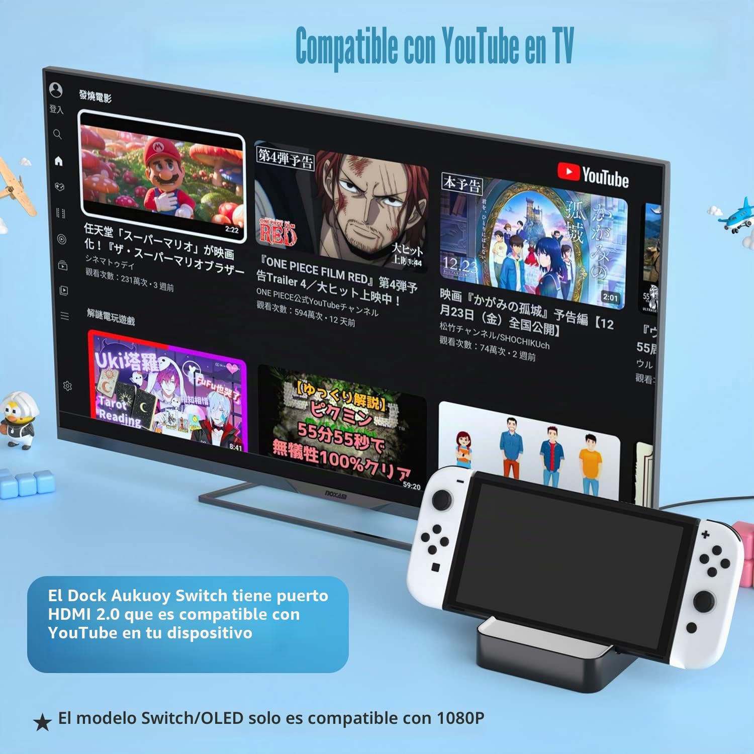 Dock Base para Nintendo Switch/Switch OLED: estación de Carga portátil 6 en 1 con HDMI2.0, Puerto LAN, Puerto Tipo C y 3 Puertos USB, Compatible con Youtube en TV