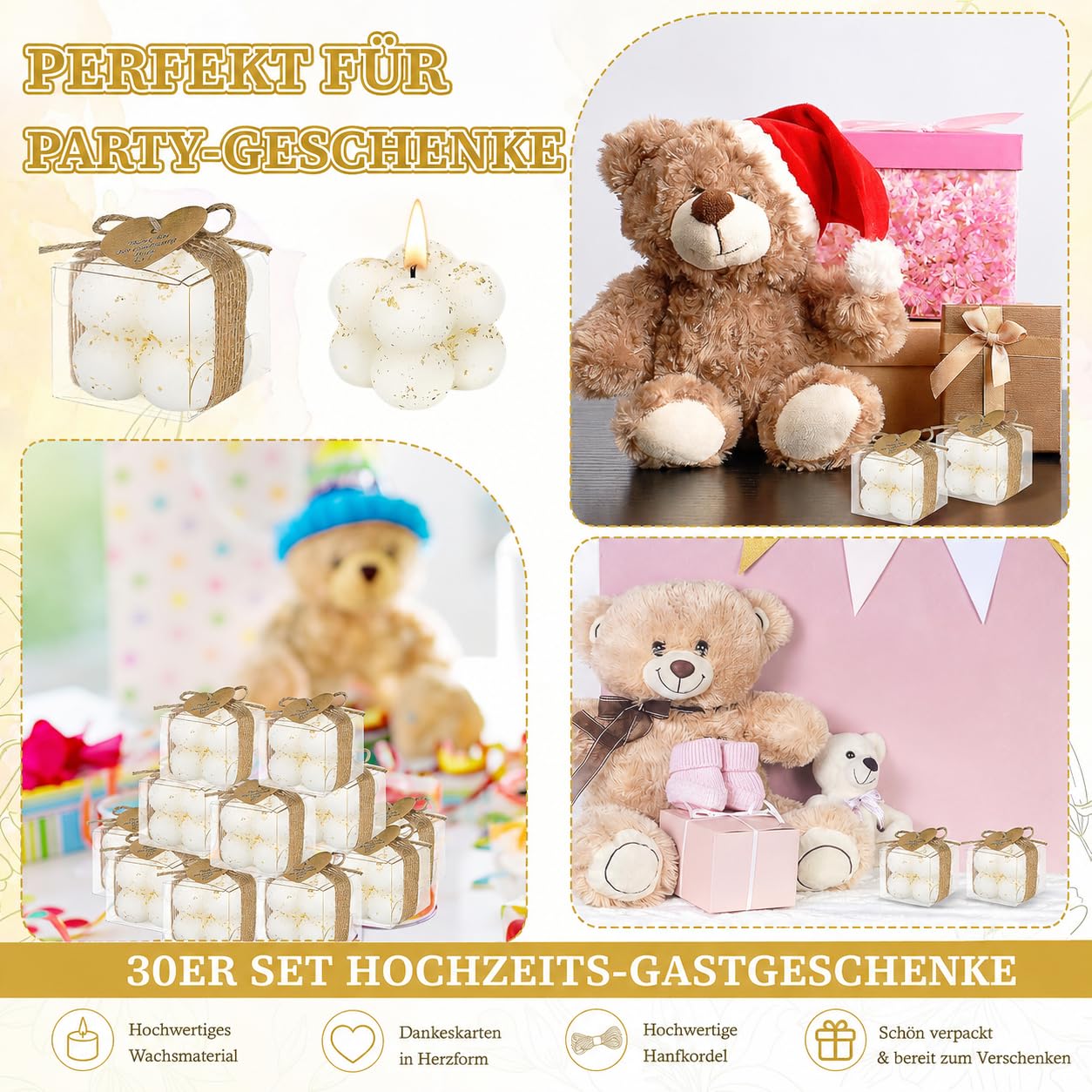 Set di 30 candele profumate a bolle con biglietti e fiori secchi – Mini piccole candele fai da te per matrimonio, battesimo, baby shower, compleanno, addio al nubilato, scatole regalo con biglietto di