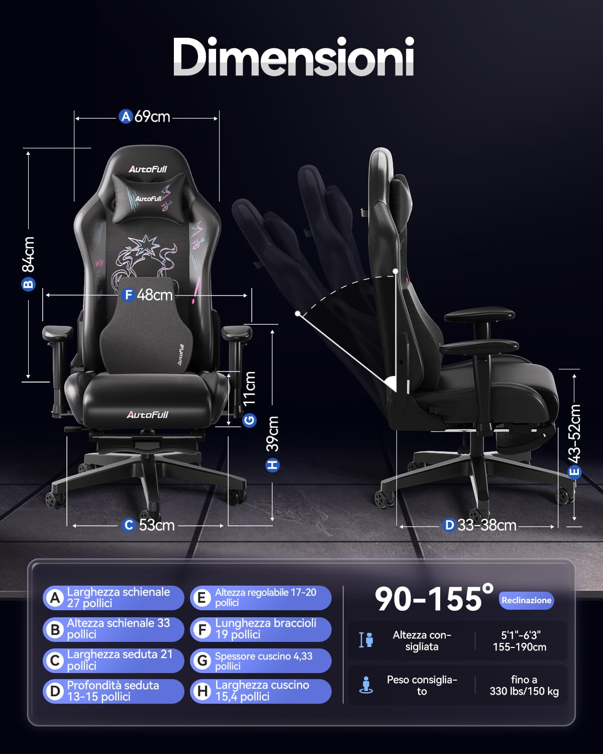 AutoFull C3 Sedia Gaming, Ergonomica Sedia da Gaming con Schienale Regolabile 155°, Supporto Lombare Ergo 3D, Poggiapiedi, Pelle PU - Design in Stile Racing (Graffiti Punk)