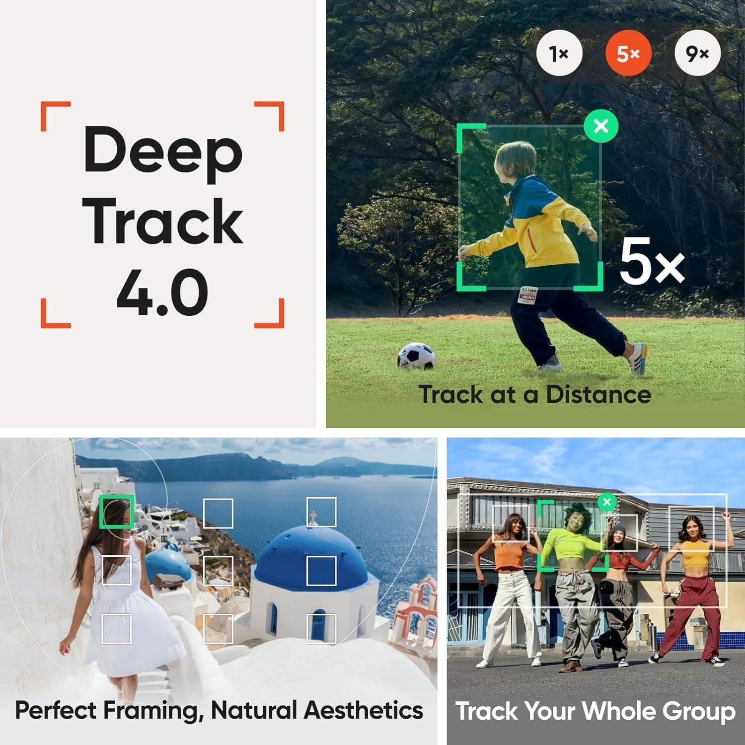 Deep Track 4.0 features including tracking at a distance, perfect framing, and tracking multiple people.