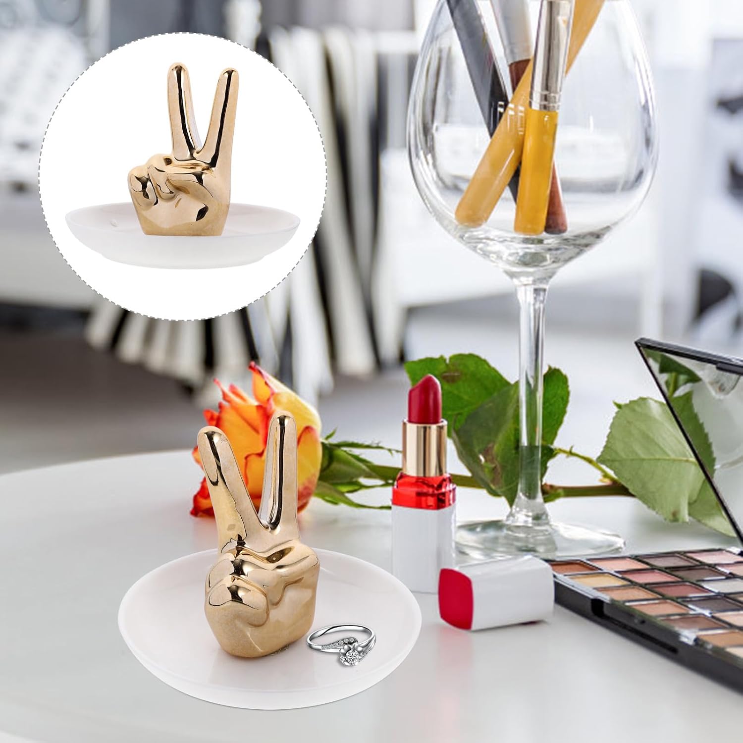 ARTIBETTER Ceramic Jewelry Display Rack with Creative Gesture Modeling Hand Ring Holder and Tray Smooth Ceramic Organizer for Bedroom Decor Unique Gift for Couples and Friends image 5