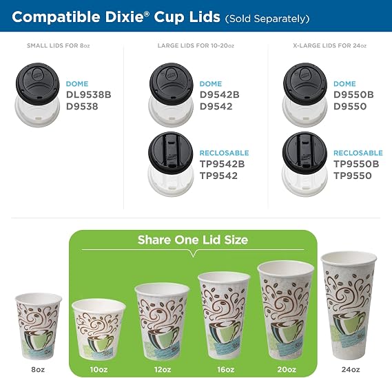 Dixie PerfecTouch Paper Hot Cups and Lids Combo, 10 oz, Multicolor, 50 Cups/Lids/Pack