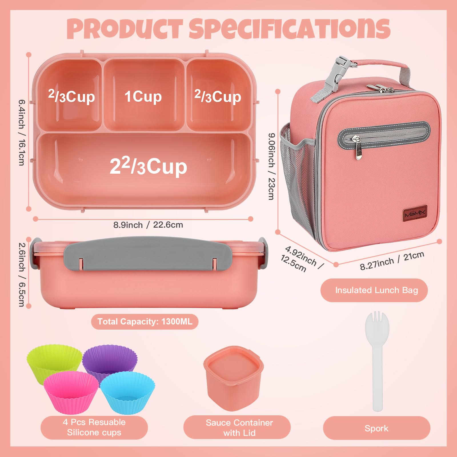 MaMix Bento Box Lunchbox für Erwachsene, Lunchbox, Kinder, inklusive Lunchtasche für Erwachsene/Kinder/Studenten, 1300 ml, 4 Fächer, Bento-Lunchbox (rosa Set)