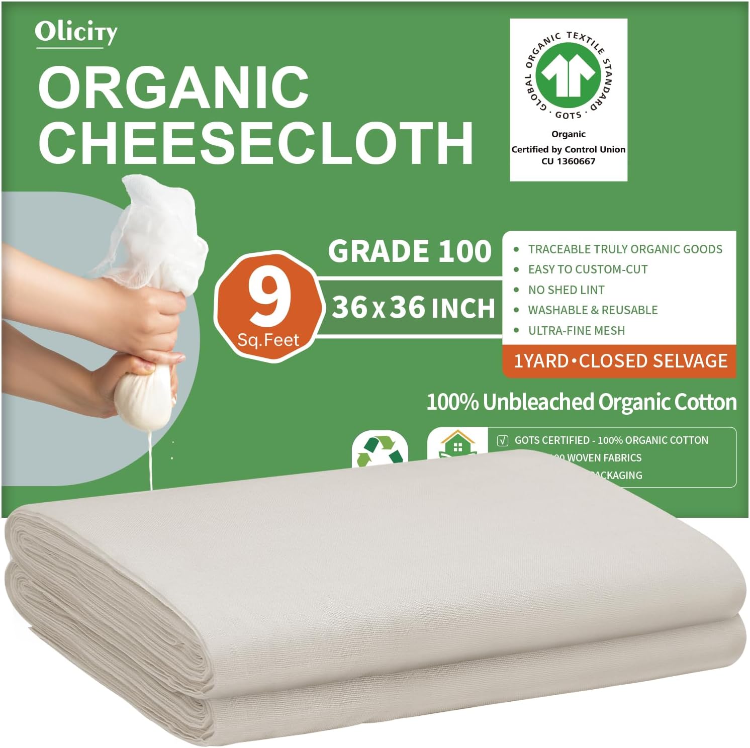 Organic Cheese Cloths, GOTS Certified, Grade 100, 36x36Inch, Reusable Cheese Cloth with Closed Edges Fabric Fine Mesh Cloth, Unbleached Cotton Muslin Cheesecloth for Straining,Cooking,Crafts - 9 Sq.Ft