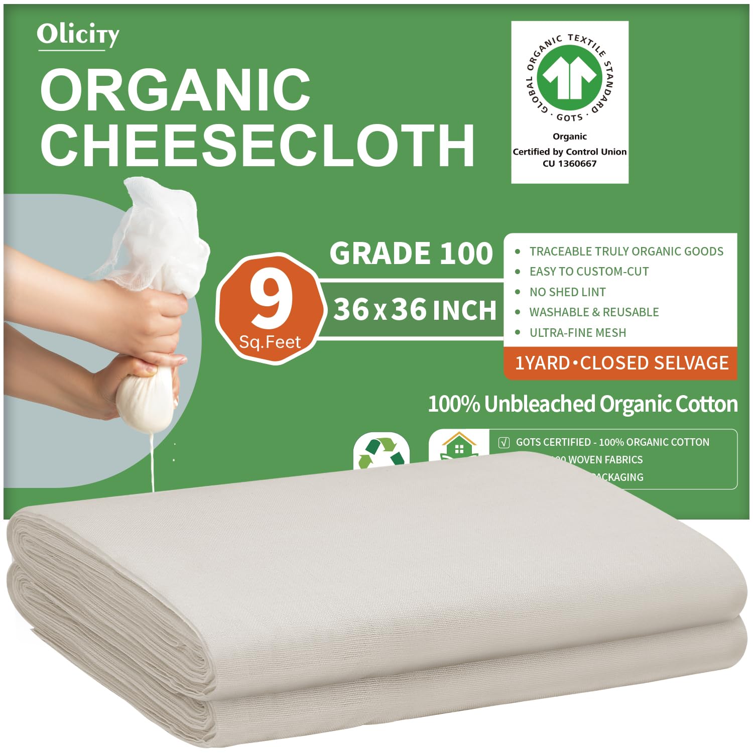 Photo 1 of Organic Cheese Cloths, GOTS Certified, 36x36Inch, Reusable Cheese Cloth