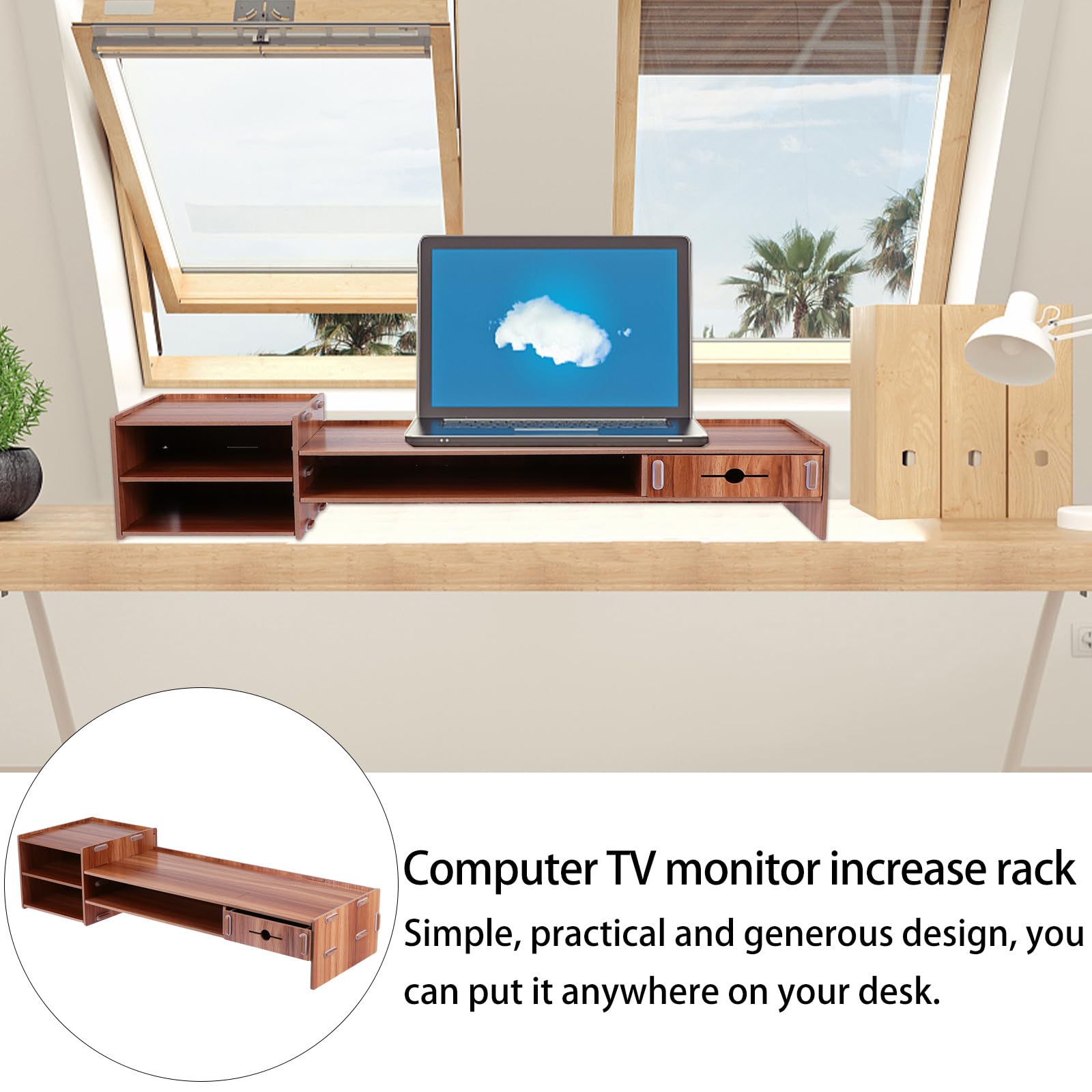 Supporto per Monitor da Scrivania in Legno Marrone Cassetto, Design Pratico e Salvaspazio per Casa e Ufficio, Stand Elevatore per Computer