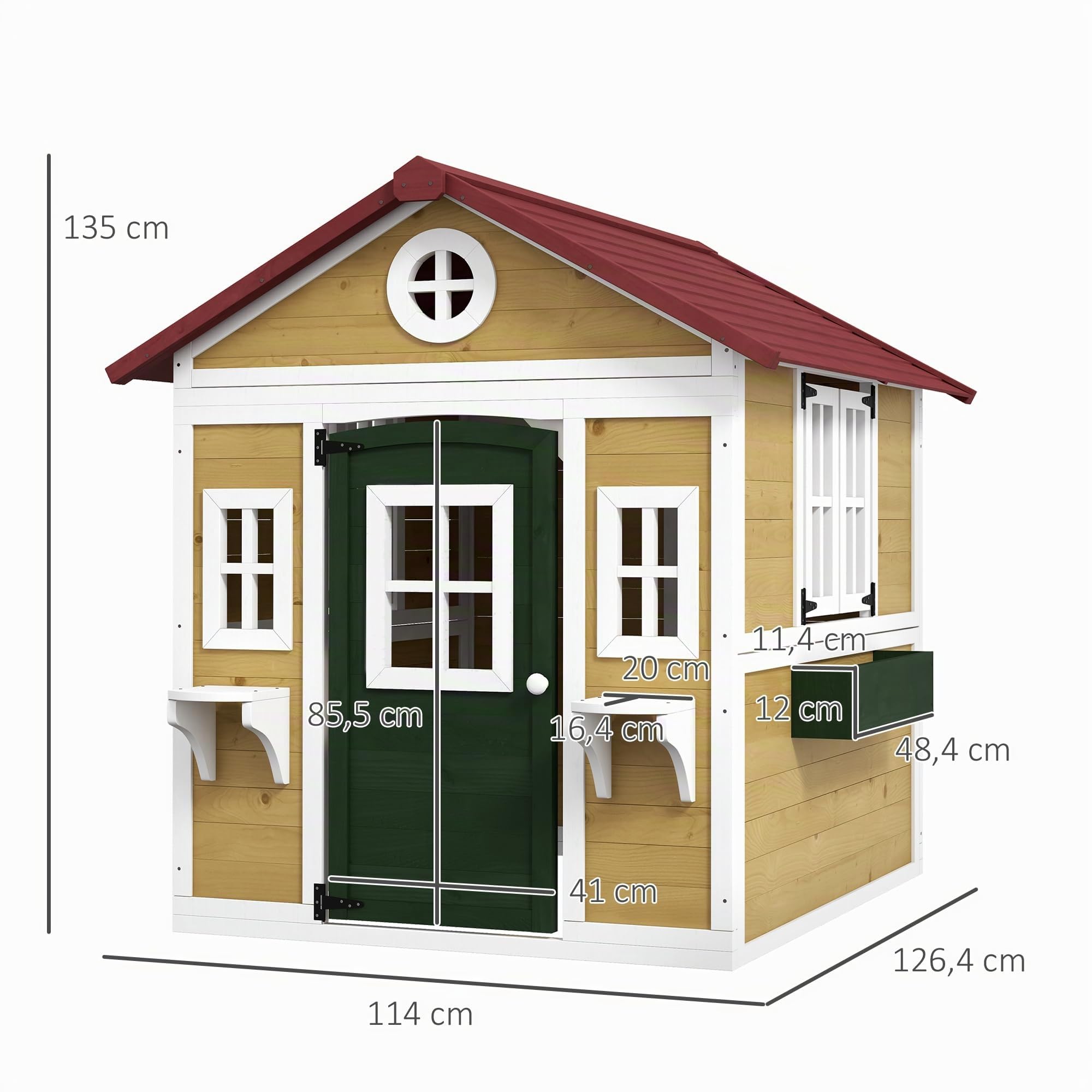 Outsunny Casetta per bambini da esterno, casetta per bambini da esterno, con porta, finestre e fioriere, casetta da giardino per bambini da 3 a 8 anni, 114 x 126,4 x 135 cm, beige