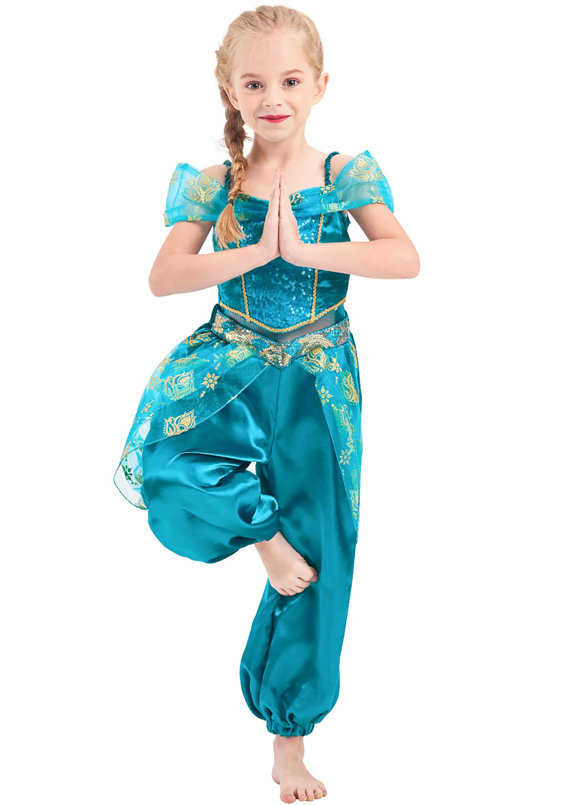 IKALI Girls Princess Costume Jasmine Fancy Dress Up Outfit for Halloween Birthday Party Gift World Book Day 3-10Y