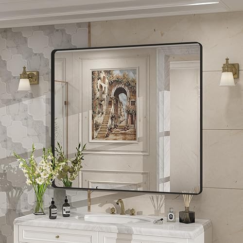 Espejo de baño con marco de metal negro de 40 x 36 pulgadas para pared, espejo rectangular redondeado negro, espejo de tocador de baño negro mate,