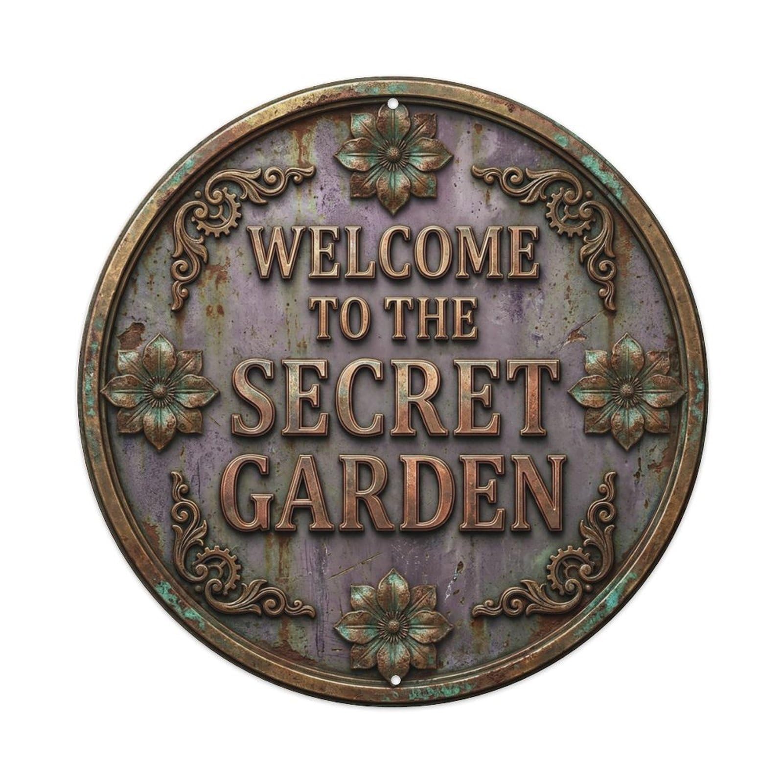 Vintage Welcome Secret Garden Bronze Mauve Clematis Metal Tin Sign