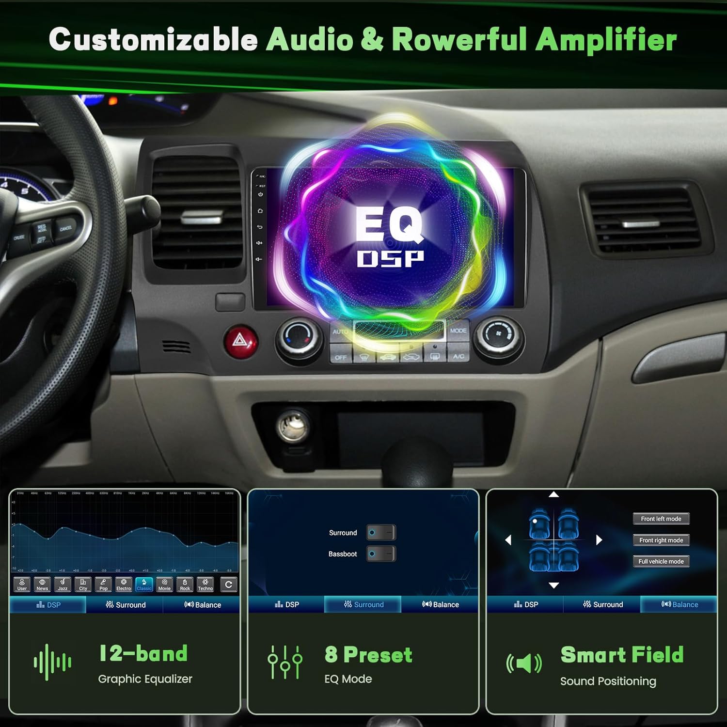 2+64GB Android 15 Car Radio for Honda Civic 2006-2011 Wireless Carplay Android Auto, 9" Touch Screen Car Stereo GPS Navi, WiFi, Bluetooth, Backup Camera, FM RDS Radio, EQ DSP, SWC