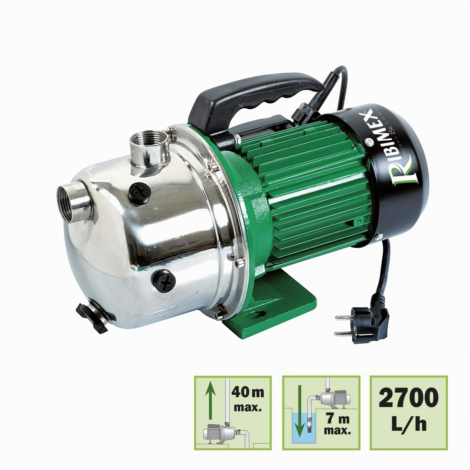 Ribimex PRGJET101I Pompe de surface auto-amorçante Jet inox, moteur 970 W, débit 2700 l/h, 4 bar, hauteur de refoulement 40 m, aspiration jusqu'à 7 m, corps en acier inoxydable, idéale pour irrigation