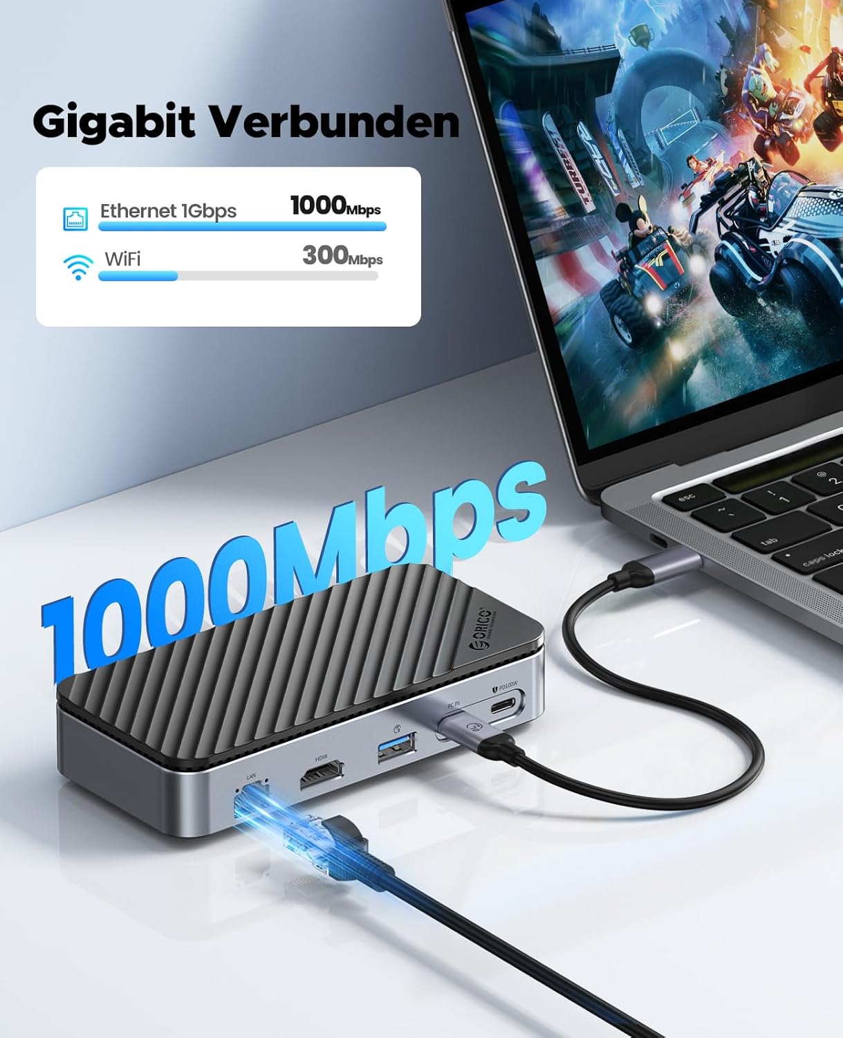 Concentrador USB C con carcasa NVMe M.2 SSD, ORICO 10 en 1, estación de acoplamiento USB C con ventilador integrado, 10 Gbps USB3.2 Gen2 M.2 NVMe/SATA adaptador SSD compatible 4K HDMI 100W PD, SD/TF 9