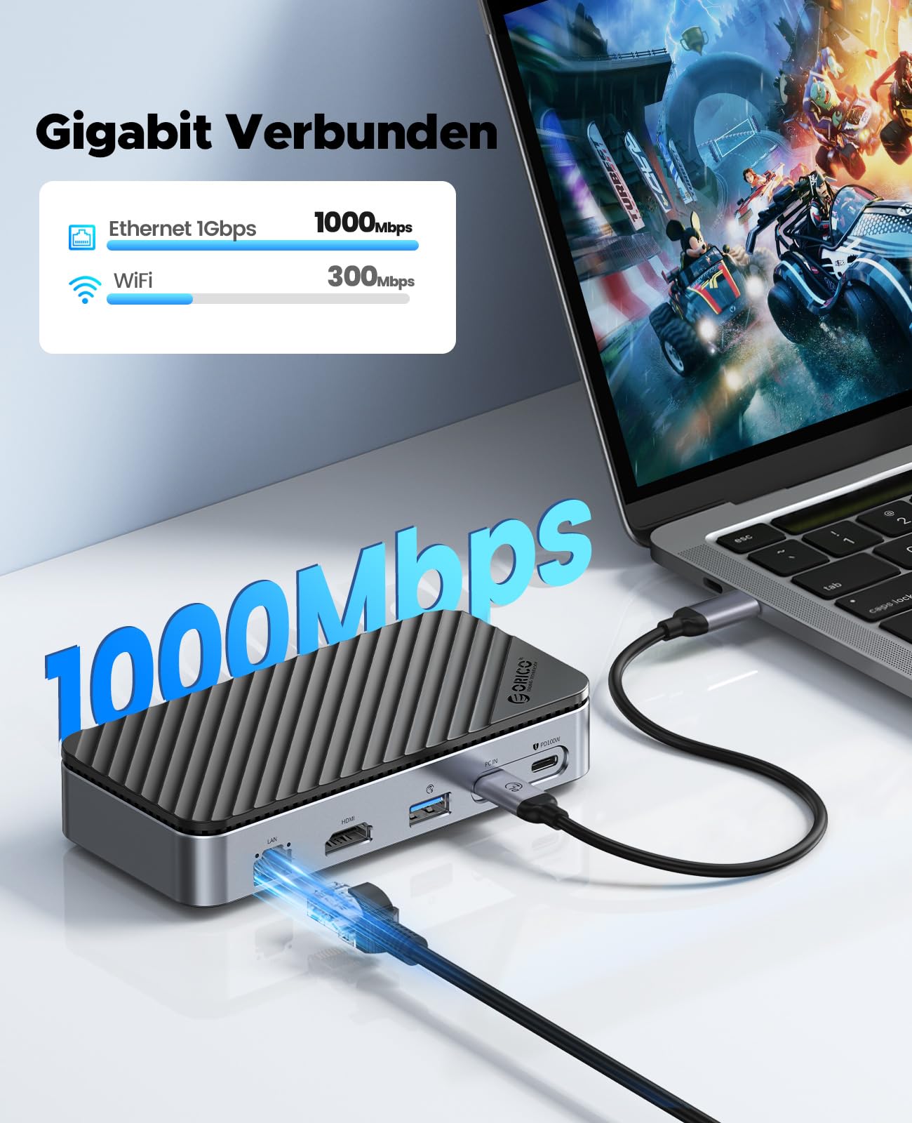 ORICO Stacja dokująca USB C 10 w 1 z blokadą M.2 SSD i aktywną dmuchawą chłodzącą – 10 Gb/s USB 3.2 Gen2, obsługa 4K HDMI, 100 W PD, SD/TF, Gigabit LAN DPM2P9