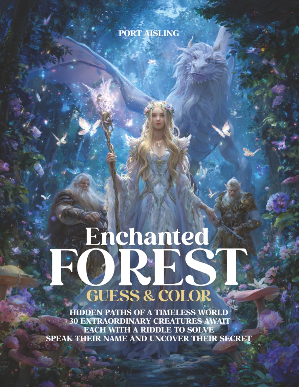 ENCHANTED FOREST - GUESS & COLOR: HIDDEN PATHS OF A TIMELESS WORLD 30 EXTRAORDINARY CREATURES AWAIT EACH WITH A RIDDLE TO SOLVE SPEAK THEIR NAME AND UNCOVER THEIR SECRET