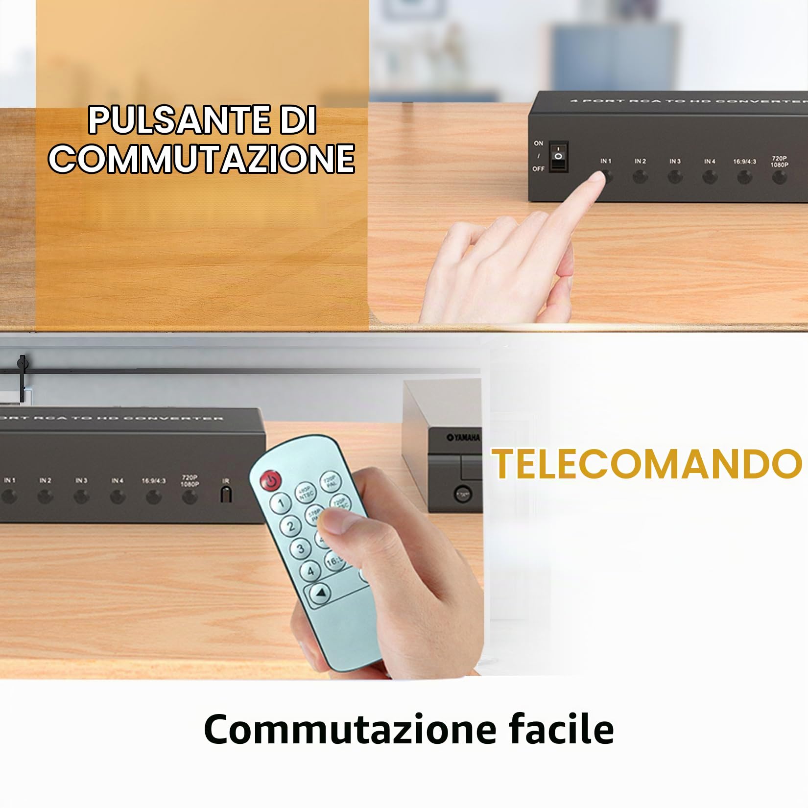 Convertitore da RCA a HDMI 4 AV (rosso, giallo bianco) in adattatore HDMI out, adattatore audio video composito RCA a HDMI1080P/720P, con telecomando e alimentazione, per Wii/TV/PC/PS3/STB/Xbox VHS