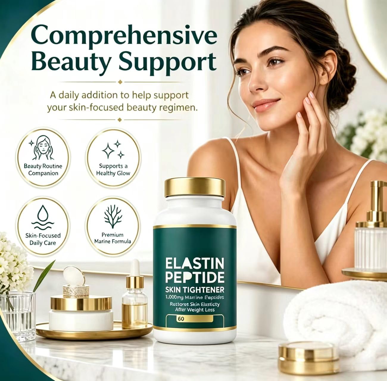Peptidi di elastina, promuovono l'elasticità della pelle, nutrono, promuovono la lucentezza naturale, rassodano la pelle, idratano e idratano, adatti sia a uomini che a donne