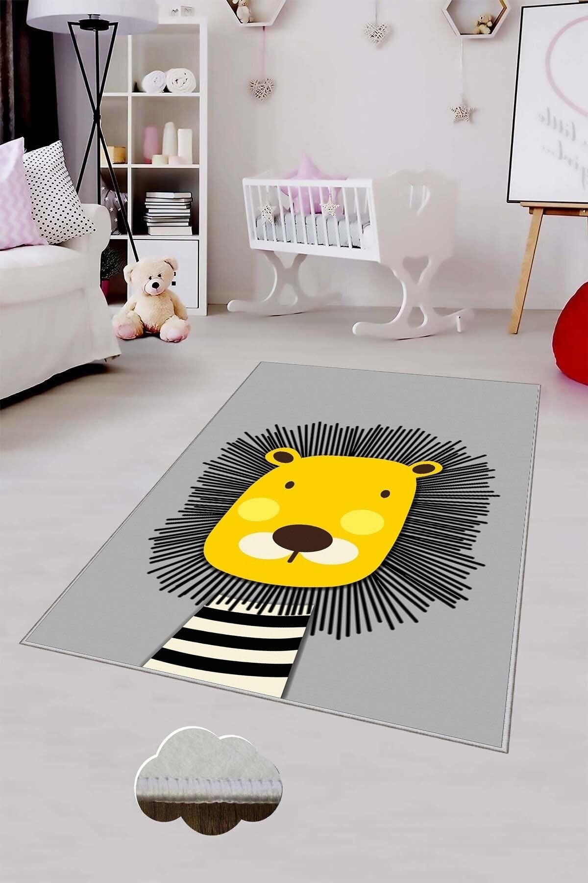 Pelangi Gri Aslan Desenli Yıkanabilir Kaymaz Taban Leke Tutmazbebek Ve Çocuk Odası Halısı, Gri-Sarı 40 x 40