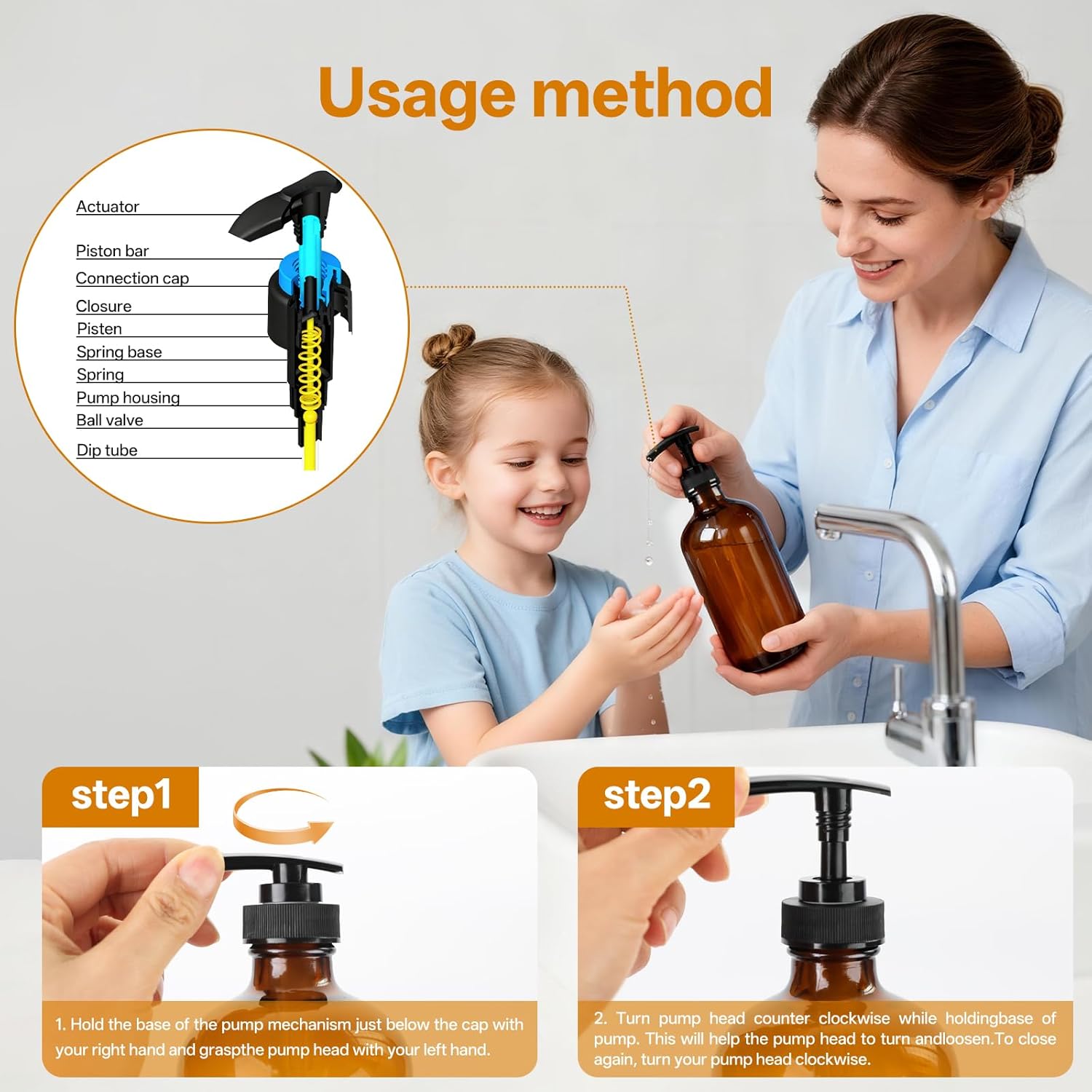 Vitreaux 16oz Amber Glass Soap Dispenser, 2 Pack Refillable Hand Soap Dispenser with Leak-Proof Pump, Brown Glass Bottle for Kitchen & Bathroom,Dish Soap, Lotion, Shampoo, Conditioner, Body Wash - Image 3