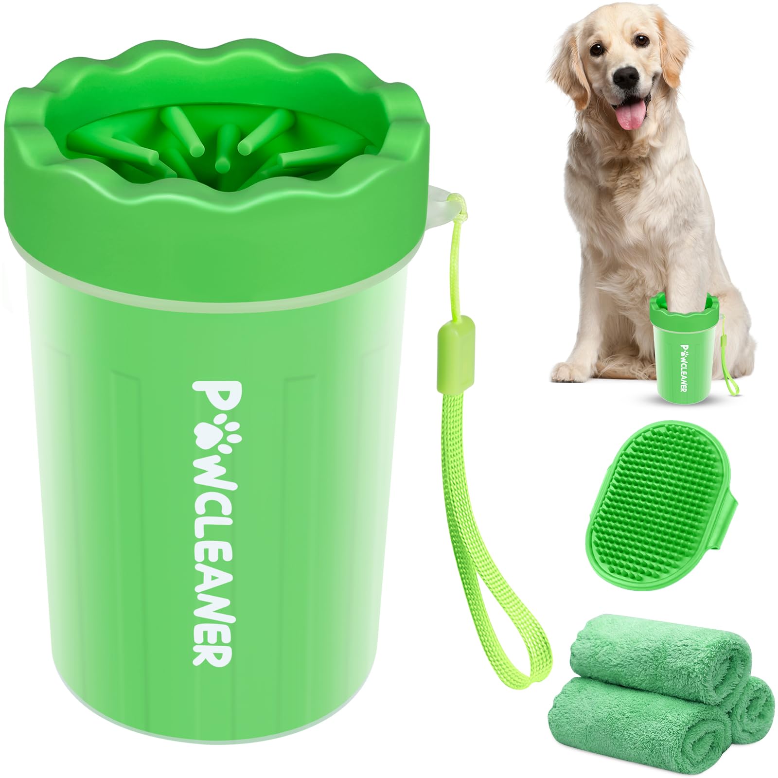 Professional 7 in 1 Dog Paw Cleaner for Dogs & Cats - Includes 1 Portable Paw Washer, 1 Bath Brush, 2 Dog Toothbrushes and 3 Absorbent Towels Note: Fits Paws 1.5 to 2.5 Inches Wide (Medium, Green)