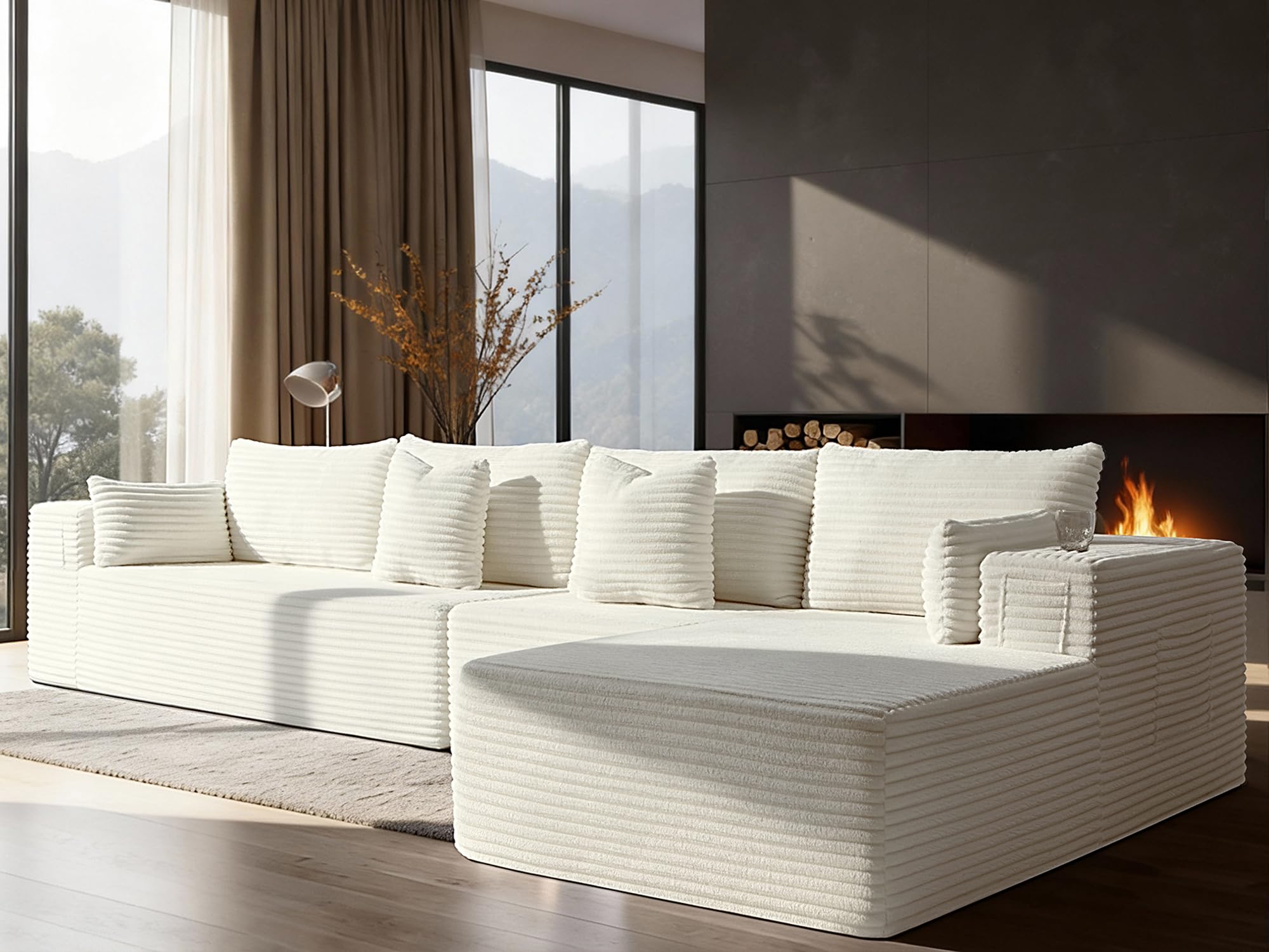 138" Cloud Sectional Couch, Comfort L Shaped Boneless Couch for Living Room, Extra Deep Seats No Assembly, Minimalist Modular Sofa, Corduroy (Cream, 3 Seater+Right Facing Chaise)