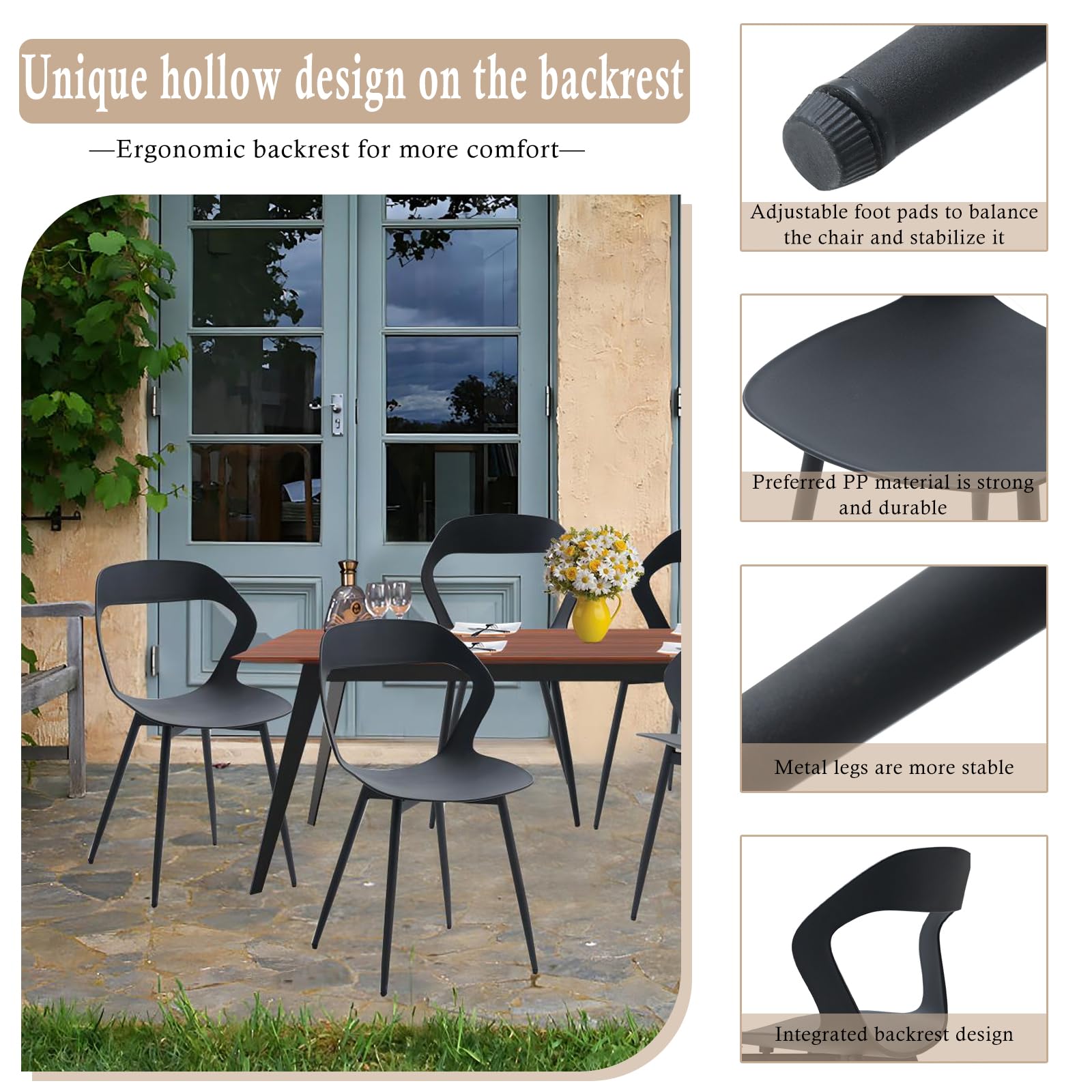 Juego de 6 sillas de jardín de plástico, sillas de terraza, asiento de plástico/patas de hierro metálico, adecuadas para jardín/invernadero/terraza/balcón (negro, 6)