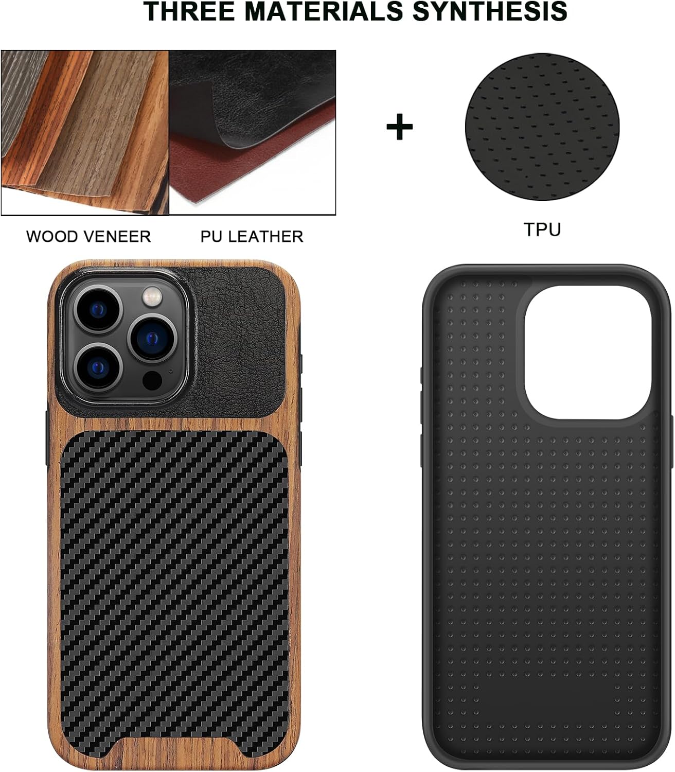 TENDLIN Compatible with iPhone 15 Pro Max Case Wood Grain with Carbon Fiber Texture Design Leather Hybrid Slim Case (Black) - Image 2