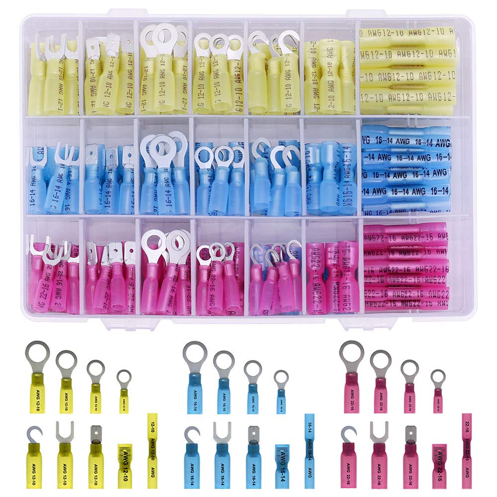 Schrumpfdrahtverbinder, Quetschklemmen, Spleißspaten und Ring, sortiert, DIY-Kit – 27 Größen, 9 Stile, 3 Farben mit Etui, 270 Stück