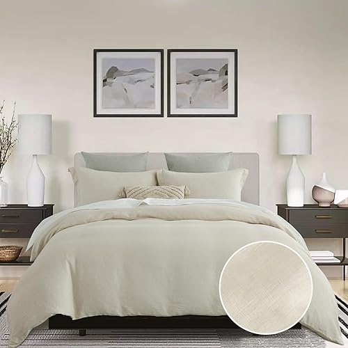 Miniatura 7 de EWlinens Funda de edredón 100% lino tamaño King, 3 piezas de lino natural con lazos en las esquinas y cierre de cremallera, juego de ropa de cama