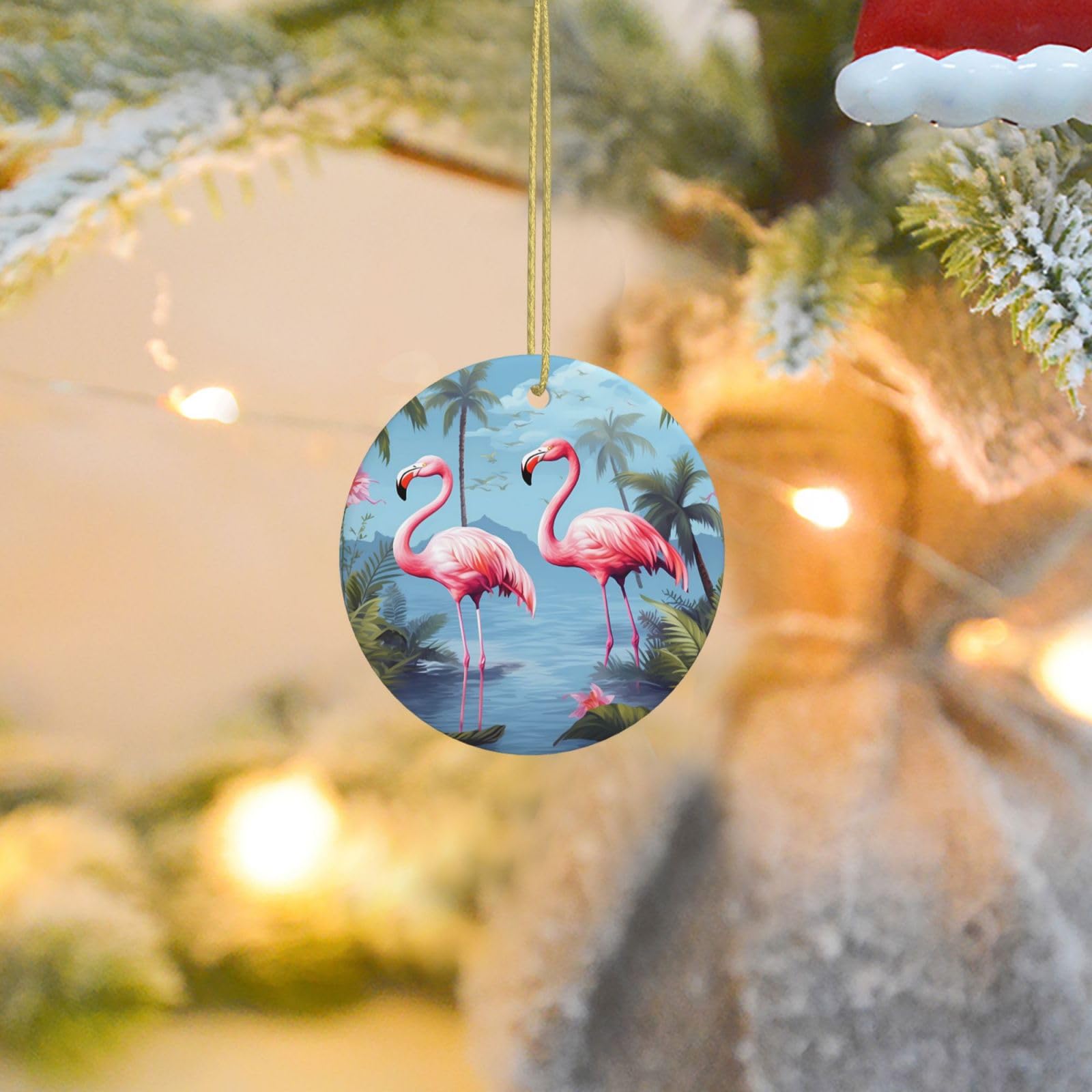 2025 Christmas Tree Decoration Hanging Round Ornament Tropical Flamingos Ceramic Ornaments Christmas Tree Decorations Round Pendants for Xmas Tree Winter New Year Party Supplies