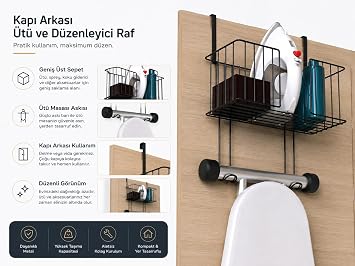 Alper Banyo Kapı Arkası Ütü Masası Askılığı Siyah, Sepetli Kapı Arkası Düzenleyici, Delmeden Kullanımlı Ütü ve Ütü Masası Tutucu