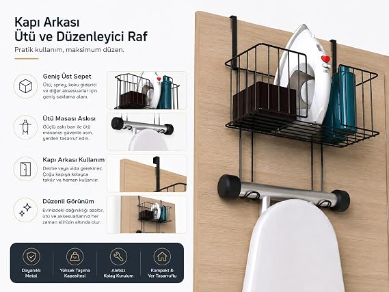 Alper Banyo Kapı Arkası Ütü Masası Askılığı Siyah, Sepetli Kapı Arkası Düzenleyici, Delmeden Kullanımlı Ütü ve Ütü Masası Tutucu