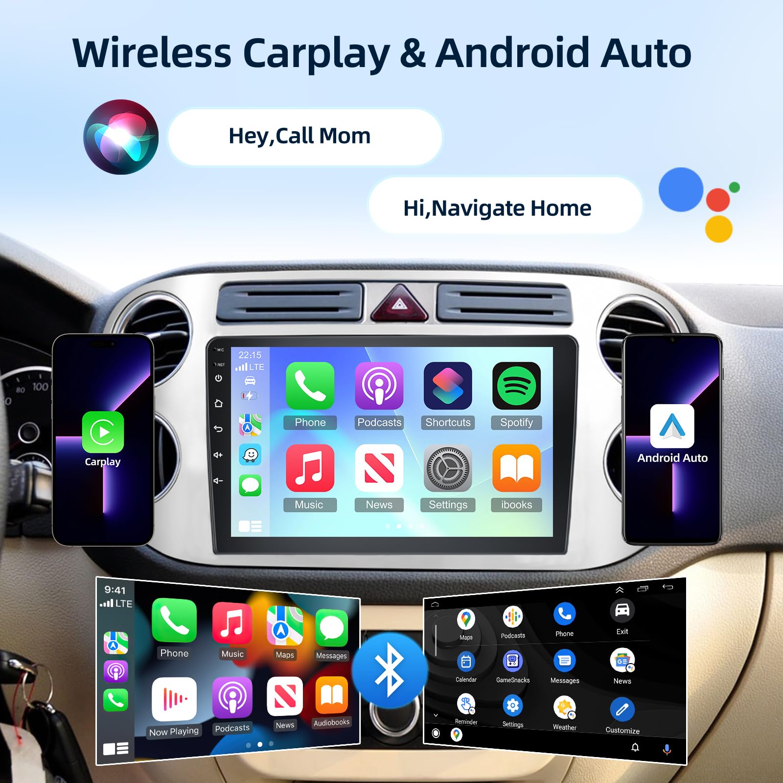 4G+64G Android Autoradio pour Volkswagen VW Tiguan 2006-2016 avec Carplay & Android Auto sans Fil, Écran Tactile IPS 9 Pouces avec GPS, WiFi, 32EQ, Bluetooth 5.0, Radio FM/RDS